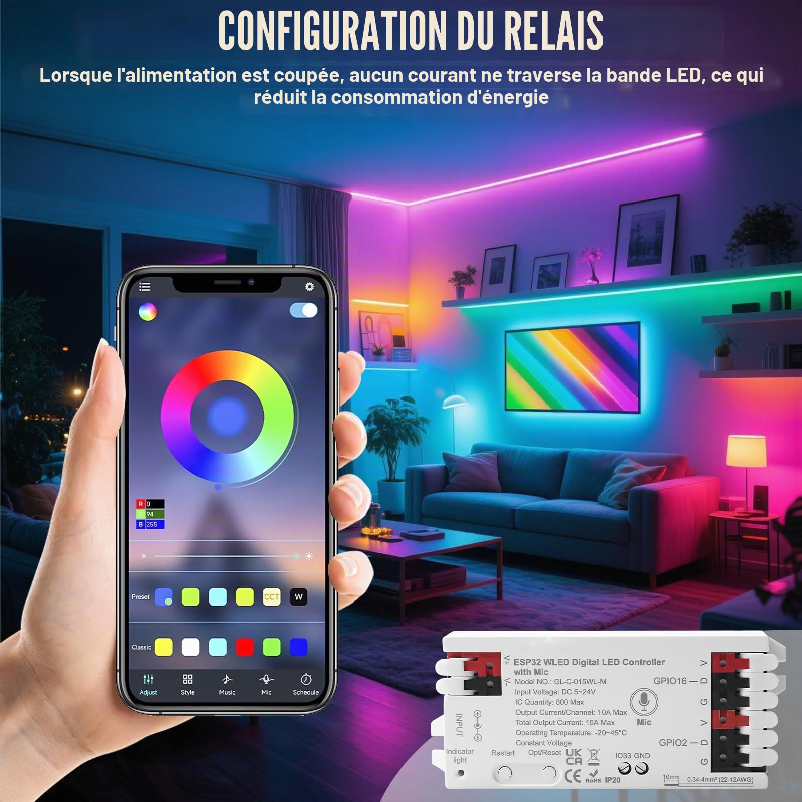 Contrôleur WLED ESP32, bande LED adressable numérique avec microphone pour NeoPixel (WS2812B, WS2811, SK6812), DC5-24V, parfait pour les lampes numériques RVB et RGBW