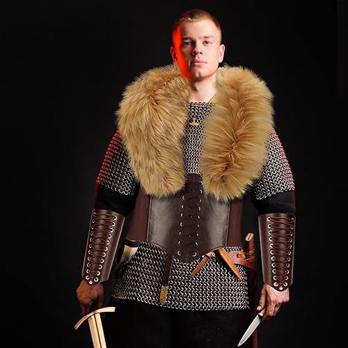 Miniatura 6 de Mepase Juego de 4 piezas de disfraz vikingo incluye cuello de piel sintética para Halloween, cinturón de cintura con cordones, 2 pulseras de cuero