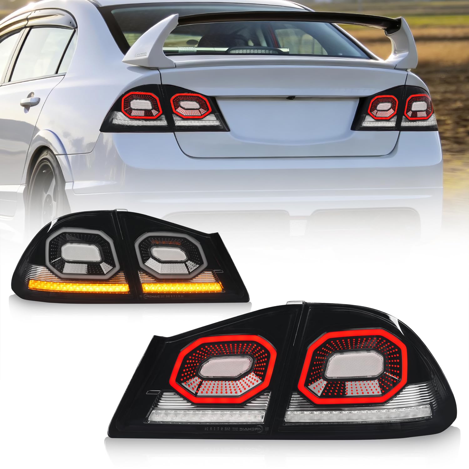 Archaic Fanali posteriori Per vintage Civic FD1/FD2 Type R//FD3 JDM | 2007-2010 LED Fari posteriori Con DRL animati,Frecce dinamiche + luci stop, retromarcia e fendinebbia