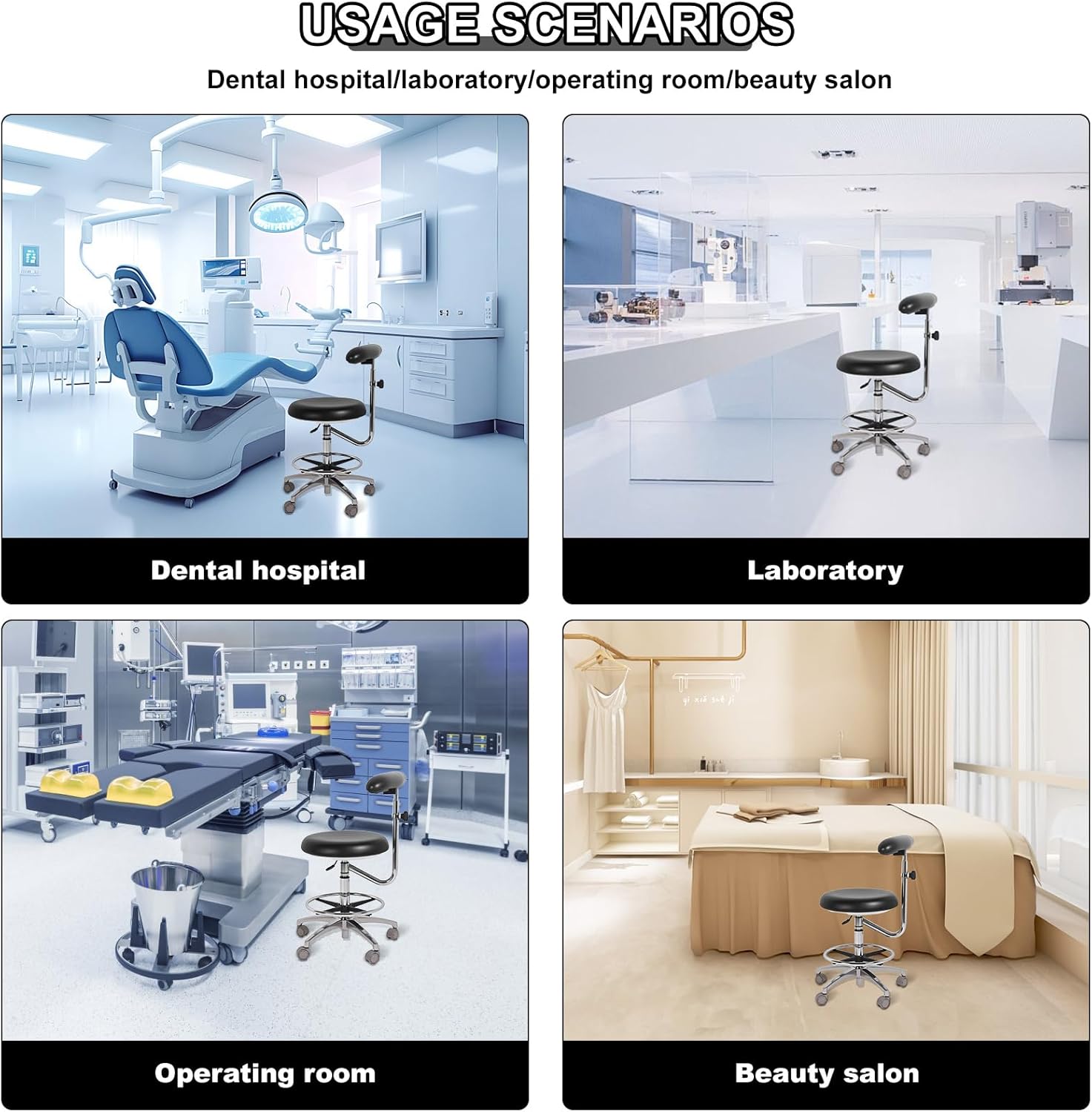 Dental Saddle Stool, Adjustable Ergonomic Stool with 360° Swivel & Movable Backrest, Height Adjustable PU Leather Rolling Stool for Dentist, Clinic, Lab, Salon, Office & Home Use (Black)