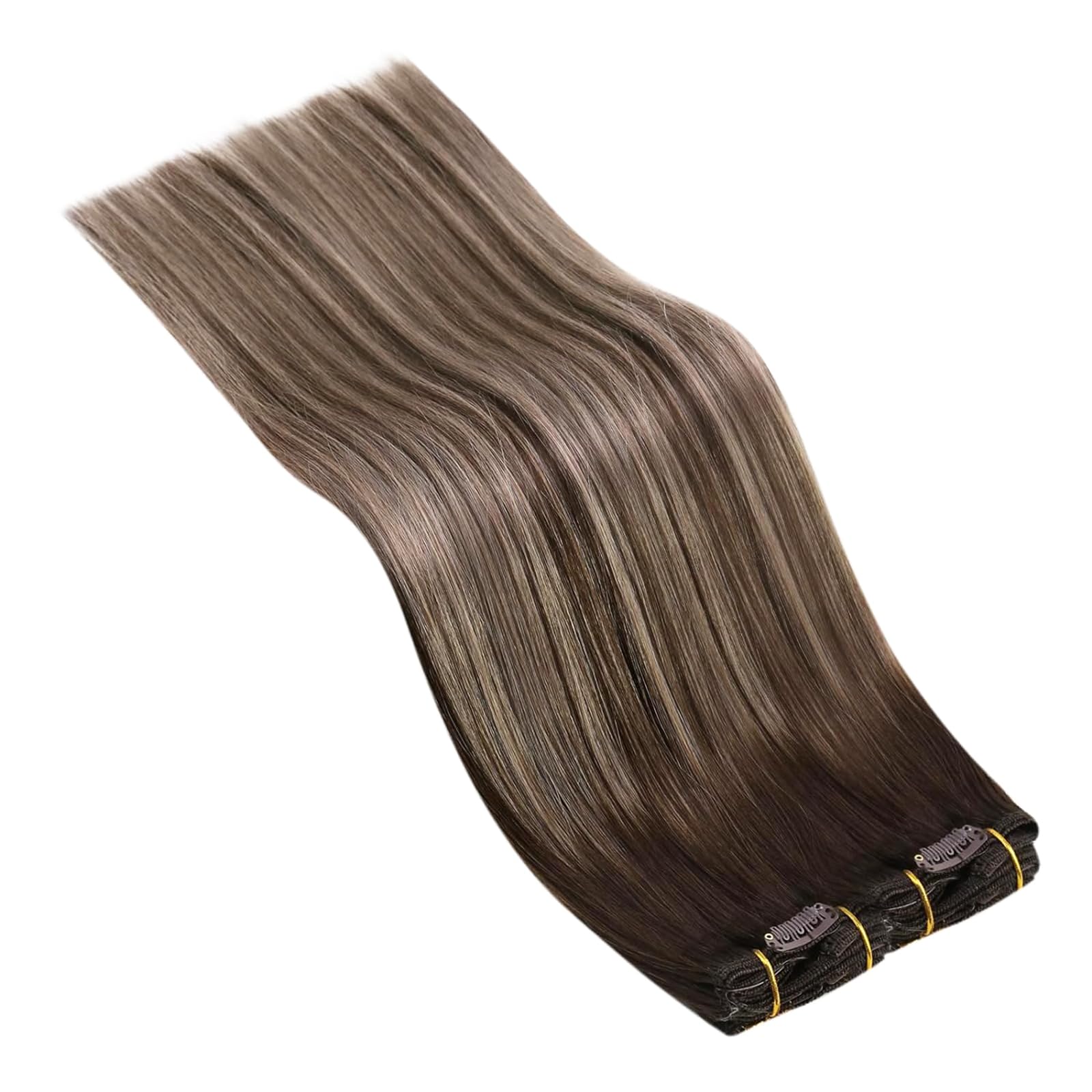 Ugeat Przedłużanie Włosów Clip in, Włosy Ludzkie, Balayage Ciemny Brąz, 50 cm 7 sztuk 120g, Włosy Clip in Extensions Popielaty Brąz, Remy Naturalne Proste