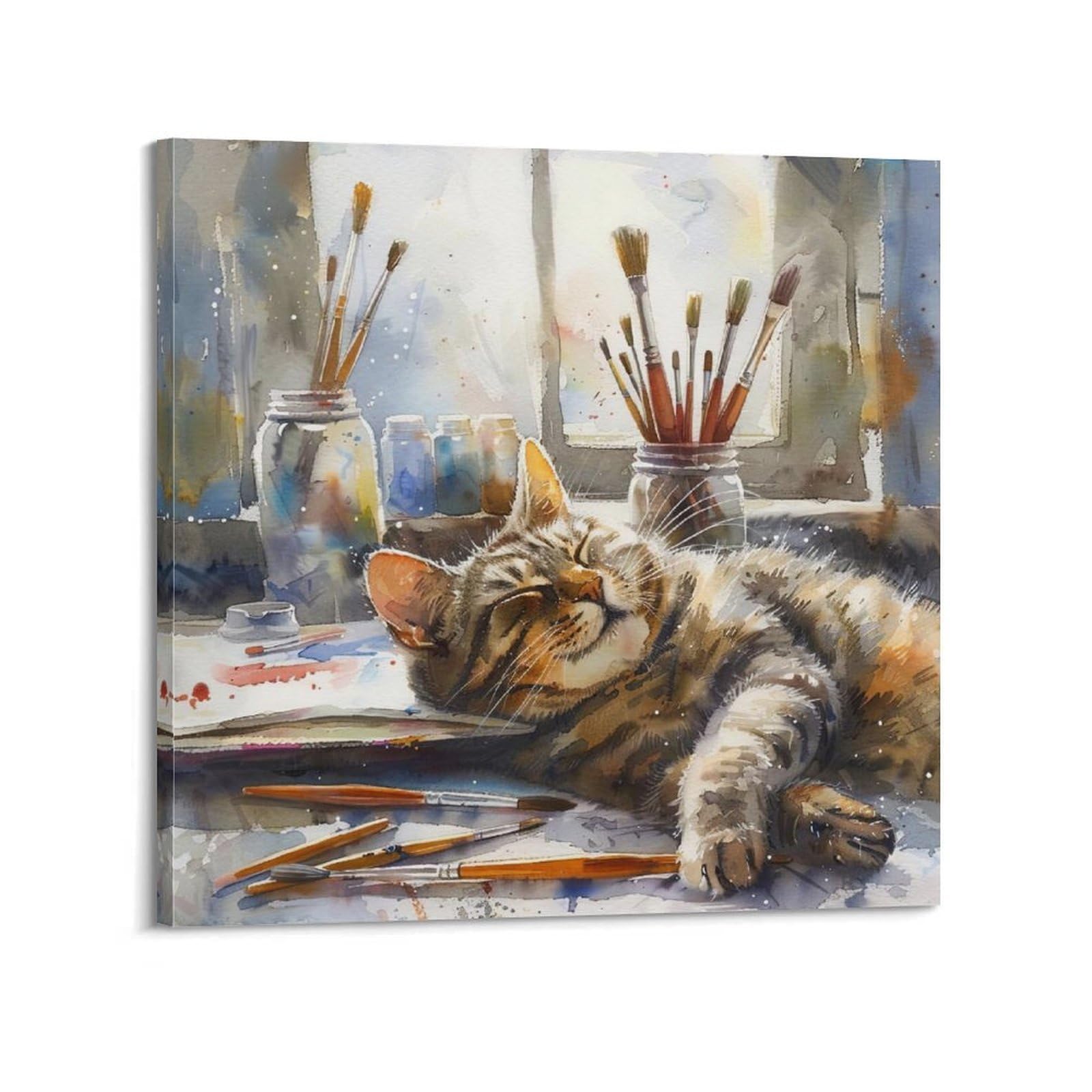 OKAHYS Vintage Sleeping Tabby Cat Watercolor Poster Decorative Painting Canvas Wall Artworks Picture 20x20inch(50x50cm)
