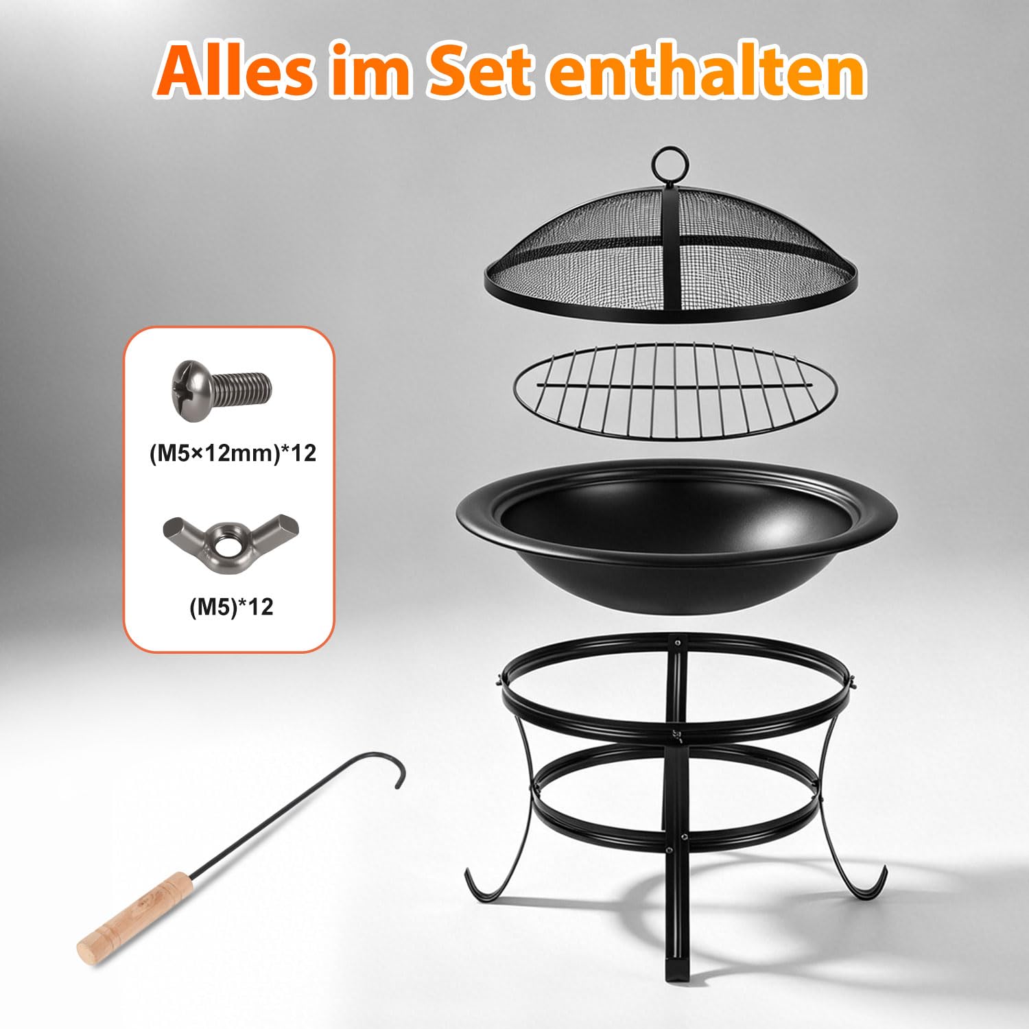 Feuerstelle Ø55cm mit Funkenschutz Schürhaken und wärmeisoliertem
