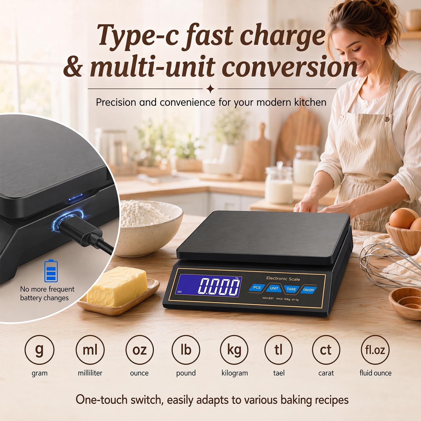 RANJIMA Bilancia da cucina, 30 kg / 66lbs, bilancia digitale in acciaio inox, bilancia per pacchi, bilancia di precisione da 1 g, per la misurazione di carne, salsicce, caffè con LCD, funzione di