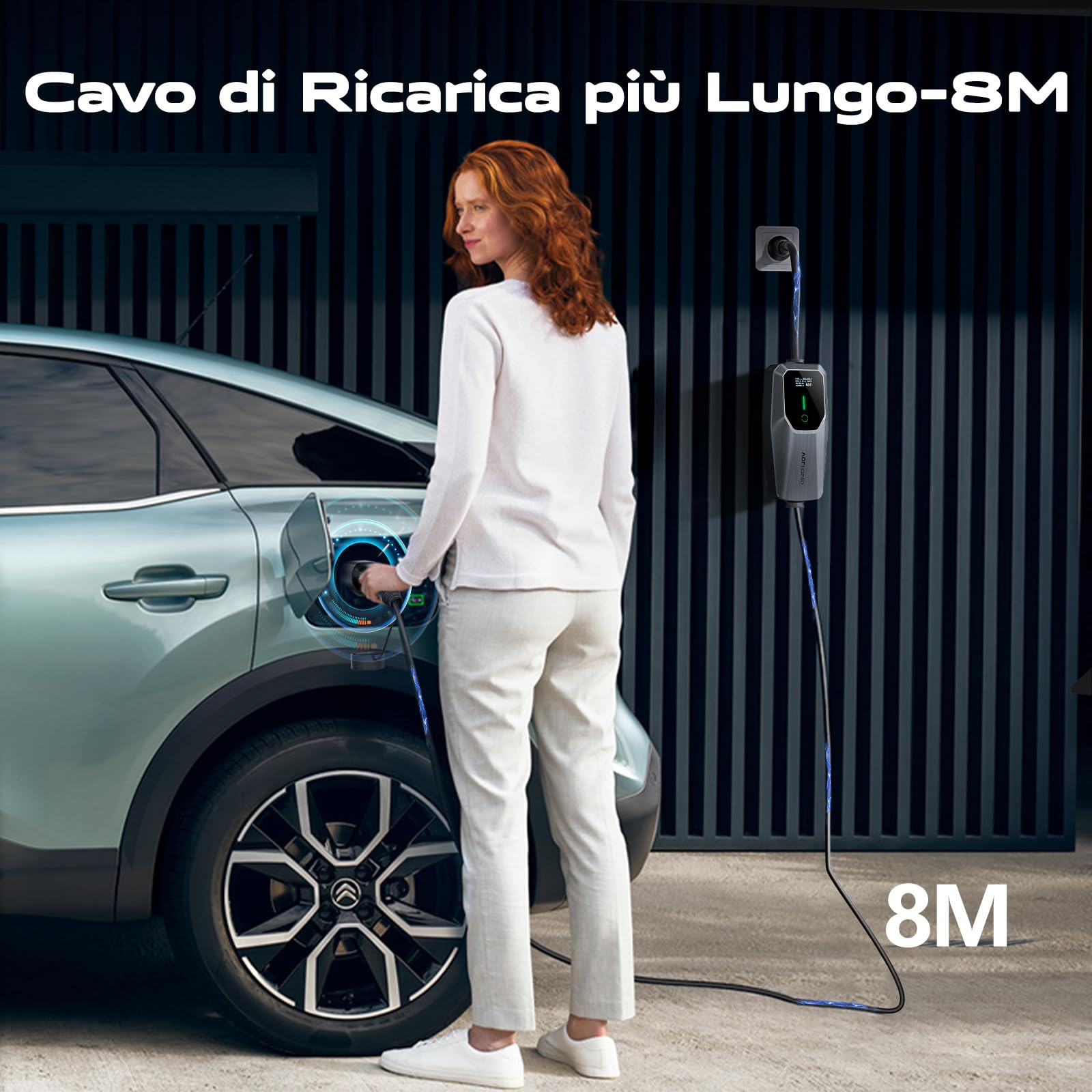 Colonnina Ricarica Auto Elettrica, 3.6KW 8M Cavo Ricarica Auto Elettrica Tipo 2, Wall Caricabatterie EV Box, 8-16A con Spina Schuko EU,Terminale di Ricarica Monofase IP65 (IEC 62196-2)