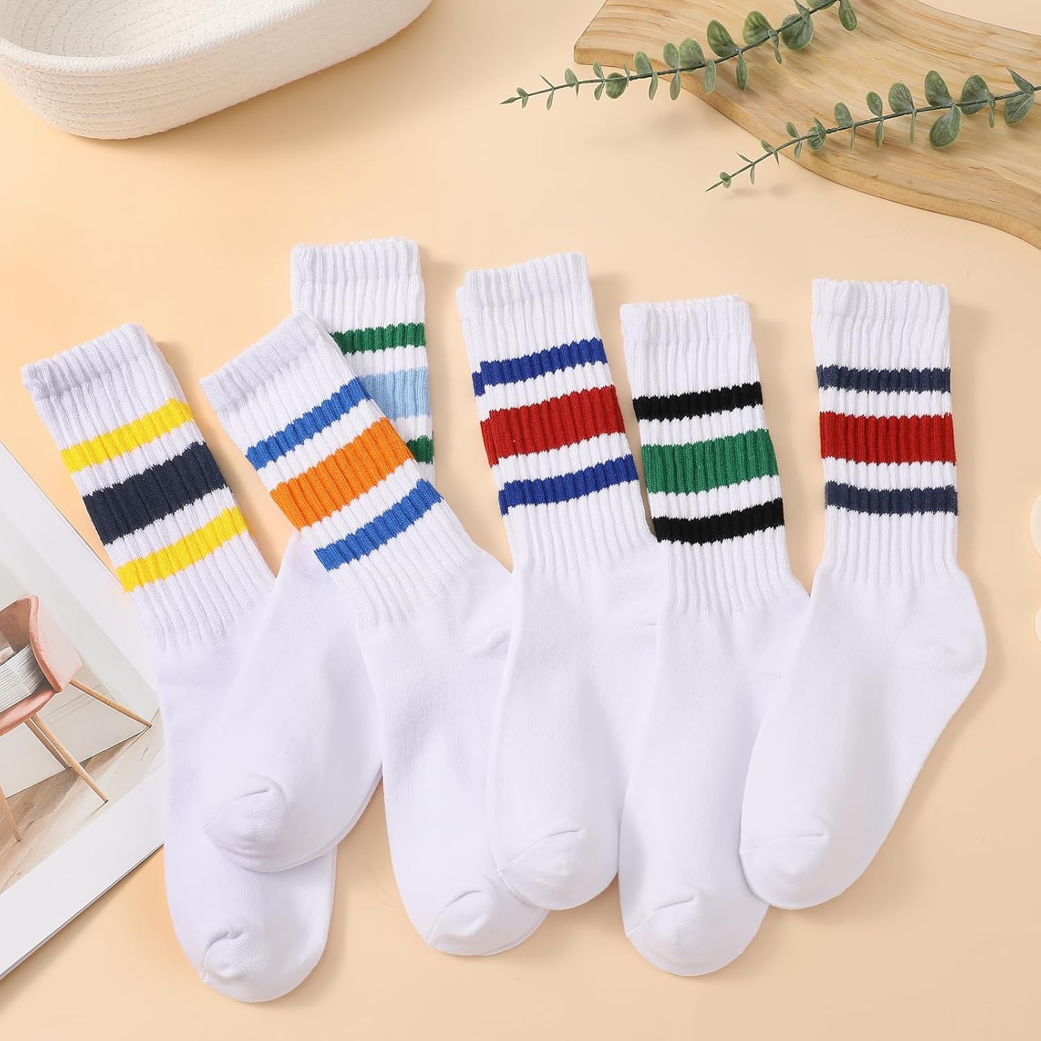6 Pairs Crew Sport Socks Women Striped Crew Socks Retro Athletic Socks Casual Cotton Stretchy Socks Unisex MultiColor, Large-X-Large - Image 7