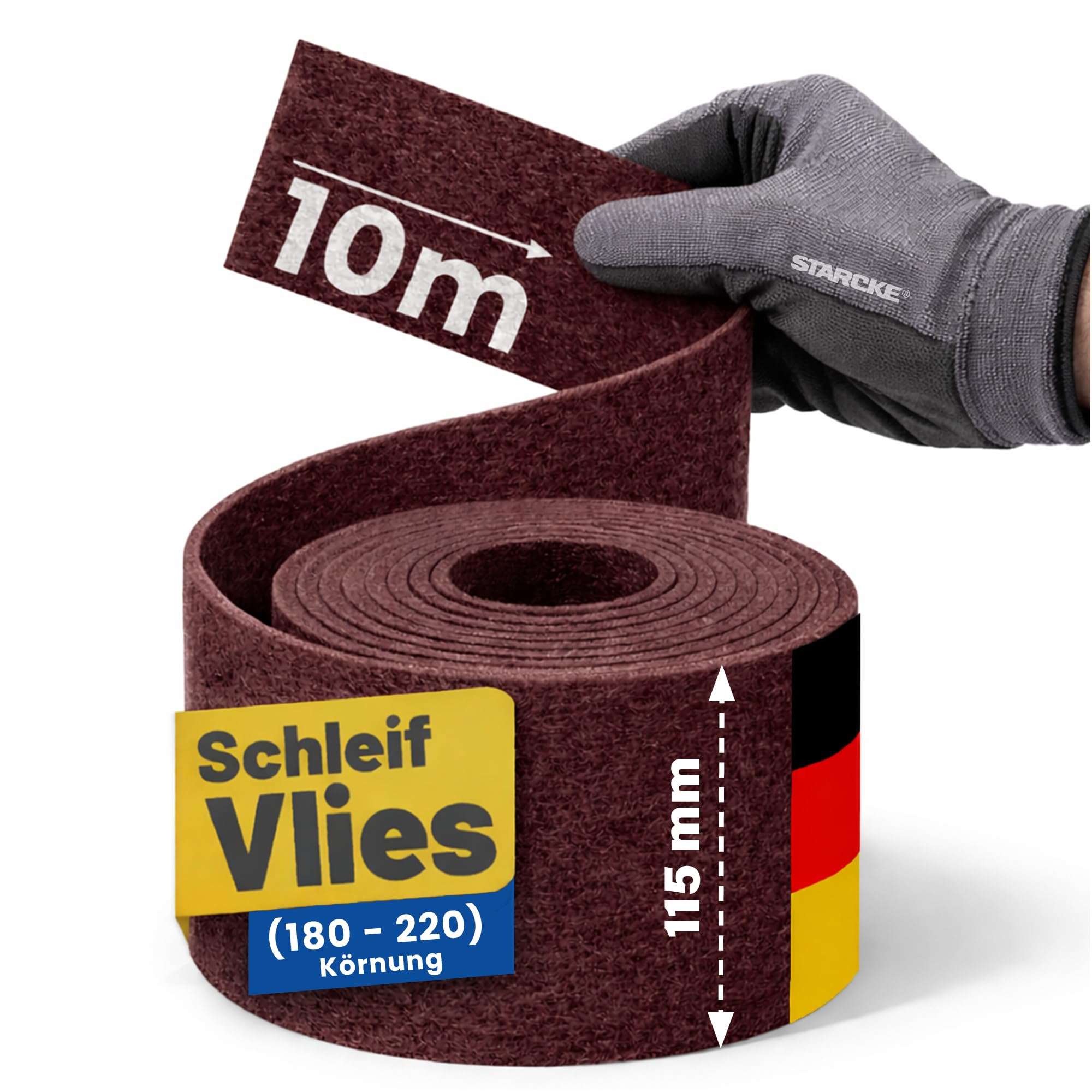 STARCKE® Schleifvlies Holz [10m x 115mm] - Schleifvlies Rolle [180-360] mit Korund - für Lack, Kunststoff, Holz bei Möbelbau, Innenausbau, Oberflächenbearbeitung (180-220)