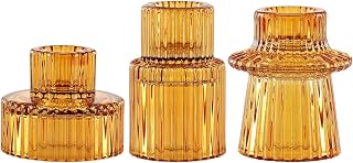 SPETYORT Clear Glass Candle Holders for Pillar Candles - Tabletop Decorative Candlestick Holders Set of 3 Fashion Taper Candle Stand for Dinner Wedding Party (Amber, 3PCS)