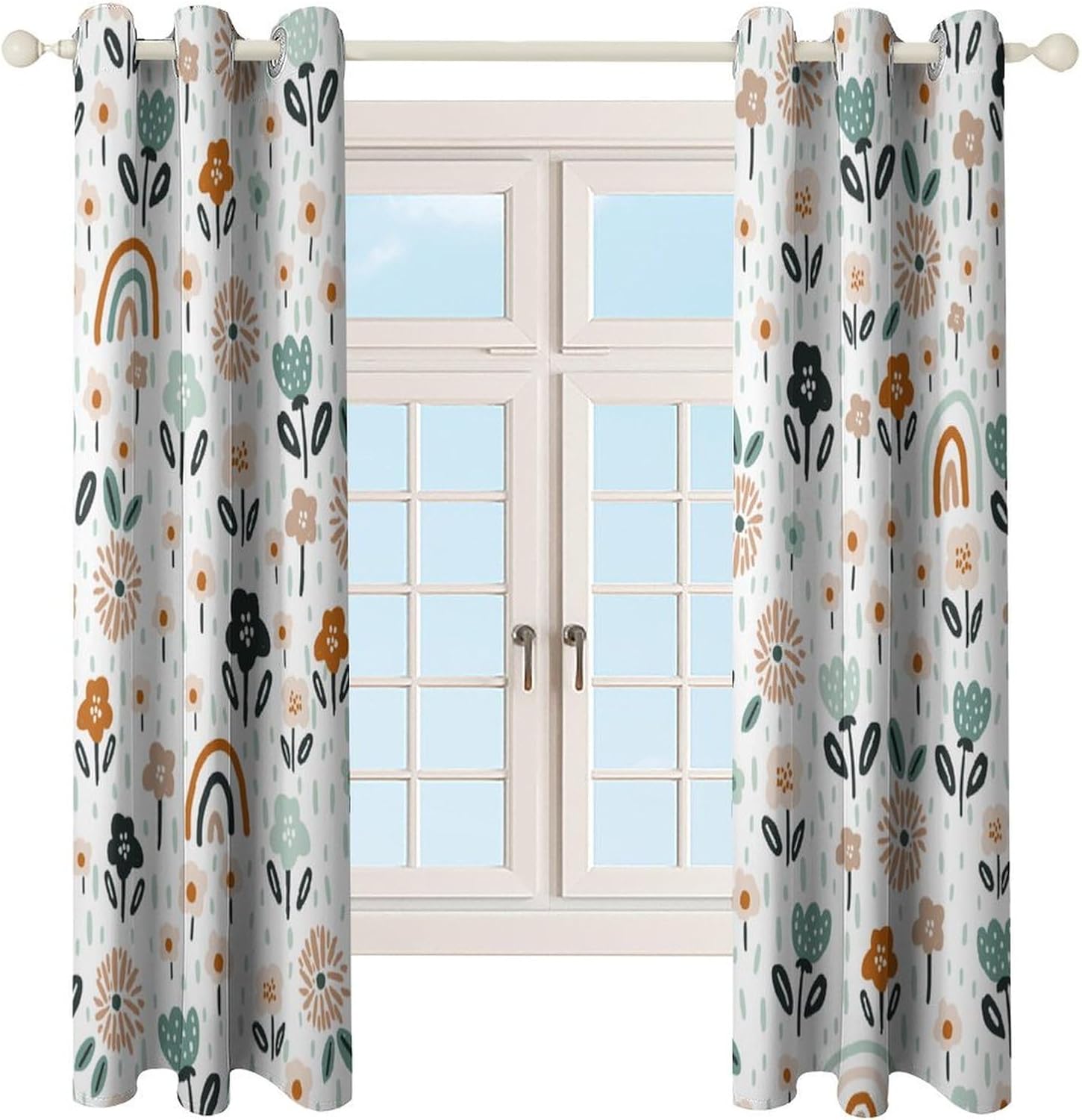 Kids Colorful Flowers Curtains, Cartoon Rainbow Raindrop Floral Pattern Bohemian Style Children Window Treatment, Decor Grommet Drapes for Bedroom & Living Room, 42x45 Inch 2 Panels