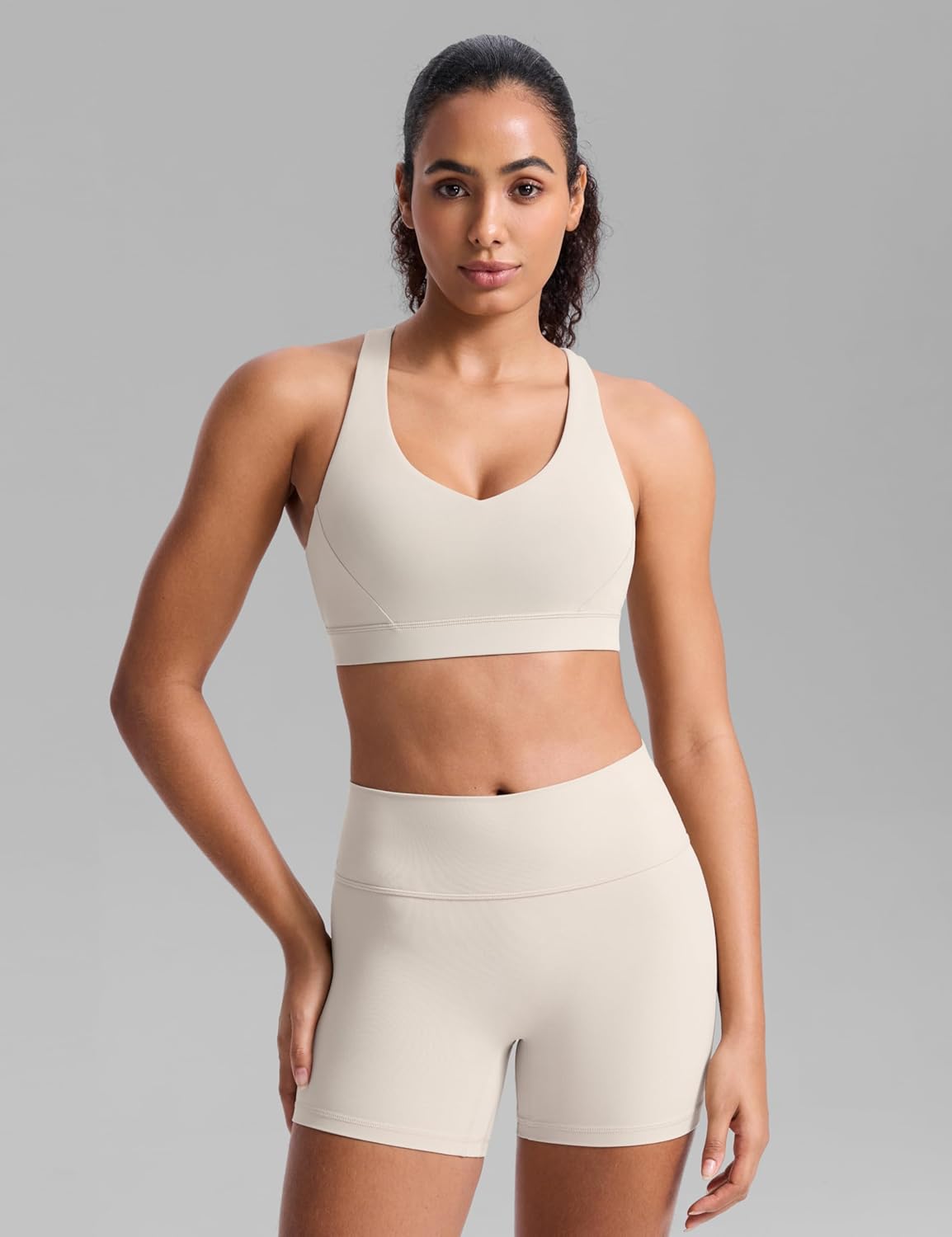CRZ YOGA Butterbreeze Criss Cross Back Sports Bras for Women - V Neck Adjustable Straps Padded Workout Training Crop Top