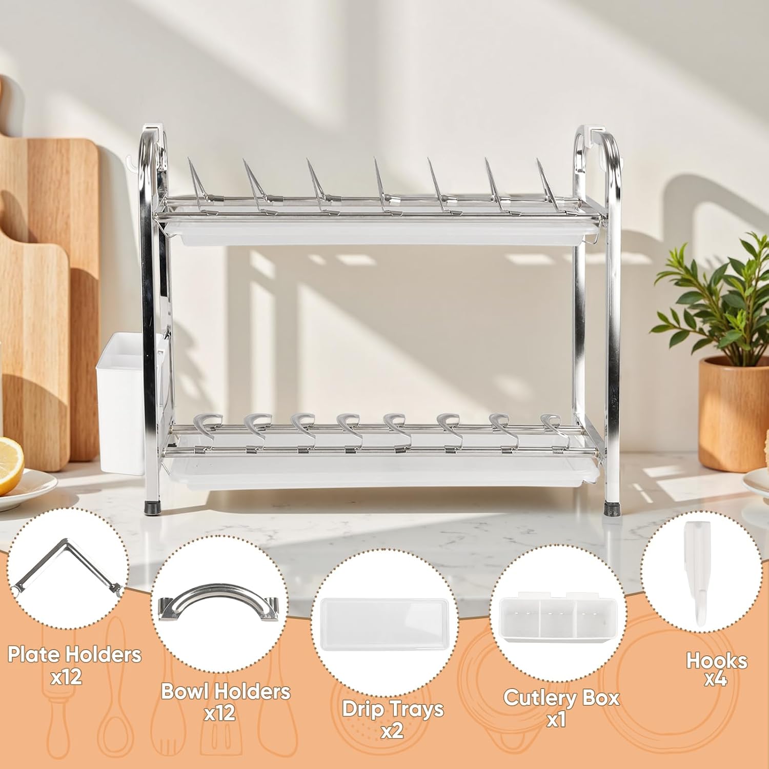Dish Drying Racks,2 Titers Stainless Steel Dish Racks for Narrow Kitchen Counter,Dishwashing Rack with Adjustable Bowl and Plate Clips for Small RVs,17.9''D x 7.24''W x 14.96''H