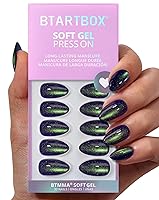 Vista 29 de BTArtbox - Uñas postizas cortas a presión - Uñas postizas de punta francesa en forma de almendra con pegamento para mujer, uñas de gel suave
