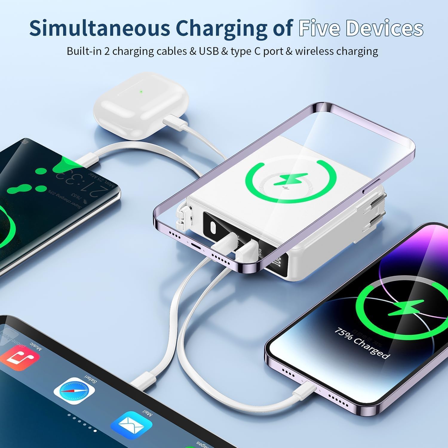Portable Charger with Built-in Cables&AC Wall Plug10000mAh Wireless Charging(No-Magnetic) Power Bank PD 22.5W Fast Charging USB C Battery Pack for iPhone 17/16/15/14/13 Series, Samsung S23 S22 Android - Image 5