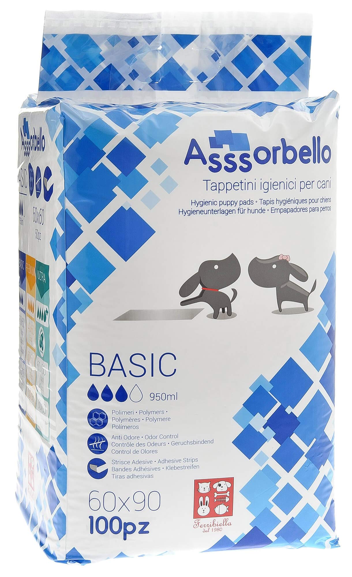 Jordanoshop - 2 paquetes de alfombrillas higiénicas 60 x 90 cm para perros Ferribiella Assorbello Basic 100 unidades