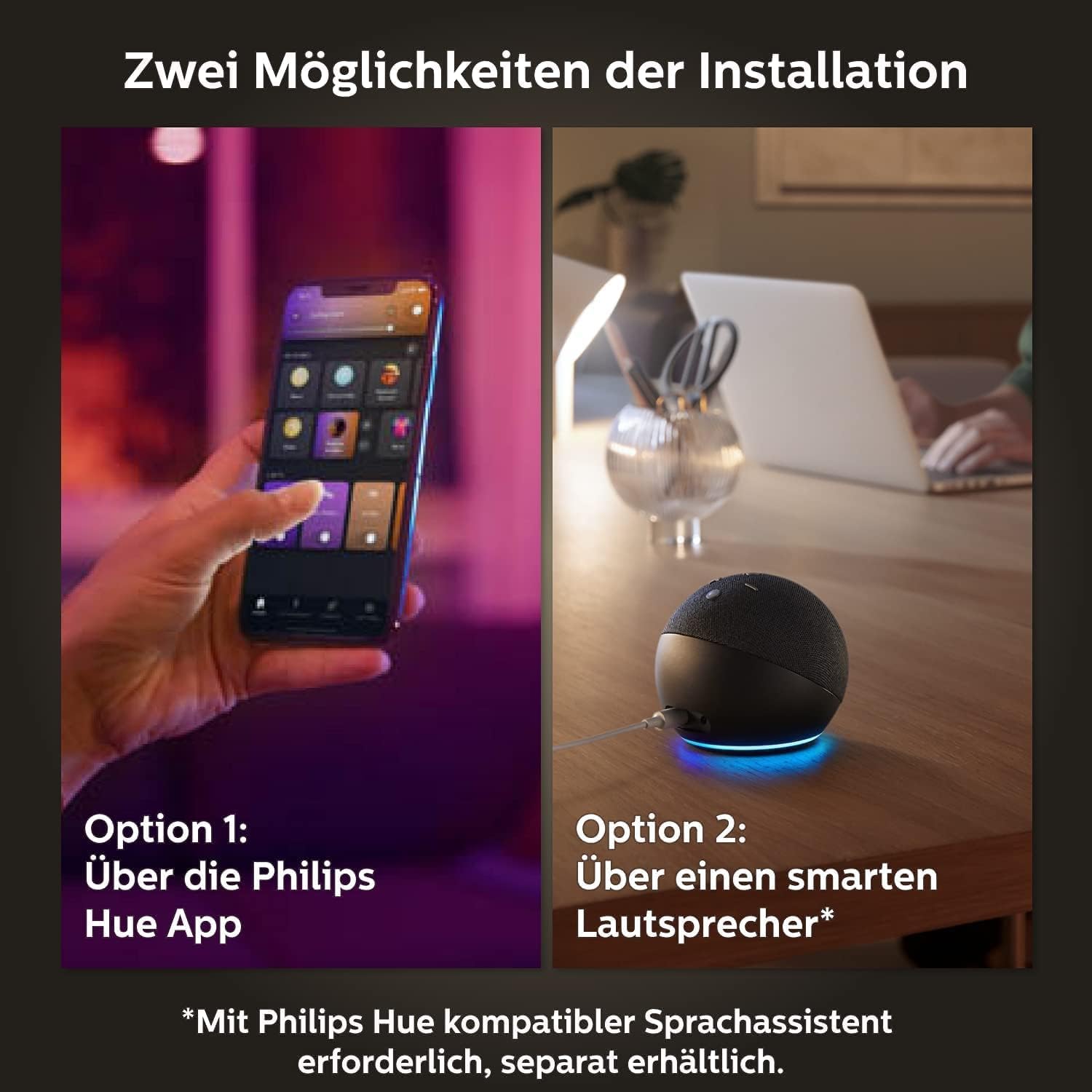 Philips Hue White & Color Ambiance Starter Set mit E27 Lampen 2-er Pack (1100), Smart Button + Hue Bridge, 16 Mio. Farben per Sprache und App steuerbar