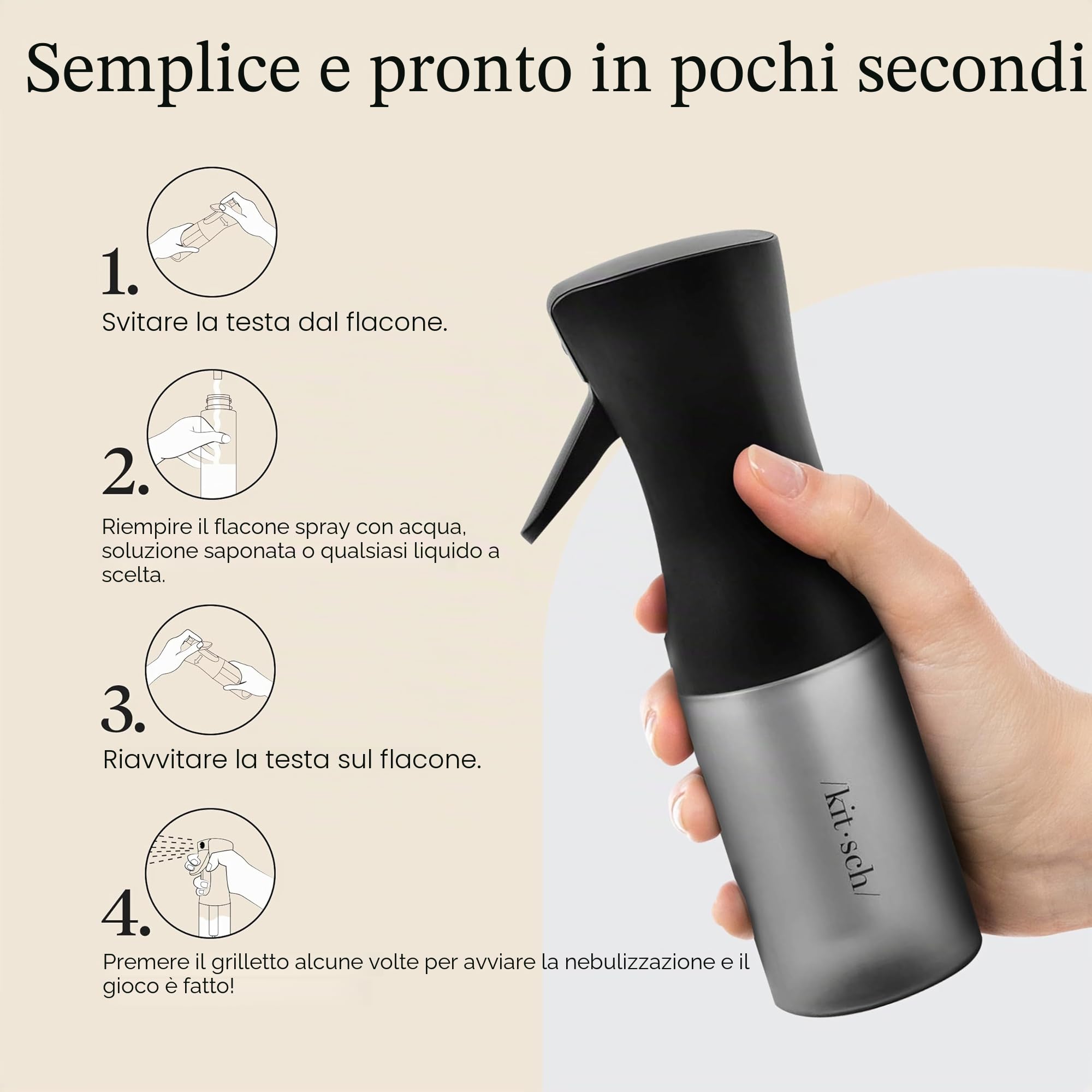 Kitsch Flacone spray continuo per capelli – Nebulizzatore d'acqua a nebbia fine – Flacone spray per capelli riciclato – Flaconi spray per pulizia, styling, piante e altro – Nero, 150 ml