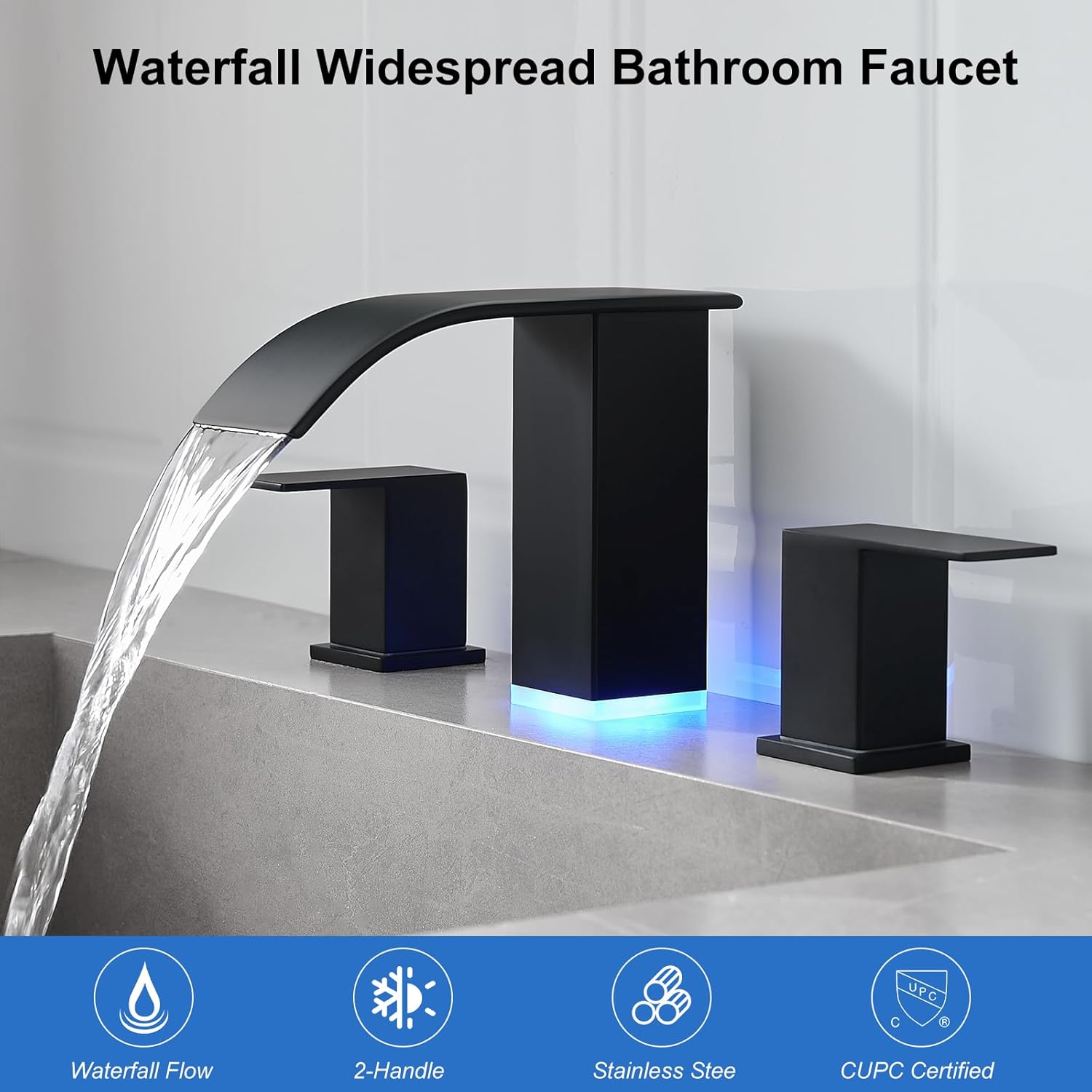 RUMOSE LED Bathroom Faucets Set Matte Black 8 inch Bathroom Sink Faucet 3 Hole with Pop Up Drain Widespread Lavatory Waterfall Vanity Faucet with 3 Colors Light Changing Stainless Steel Deck Mounted - Image 8