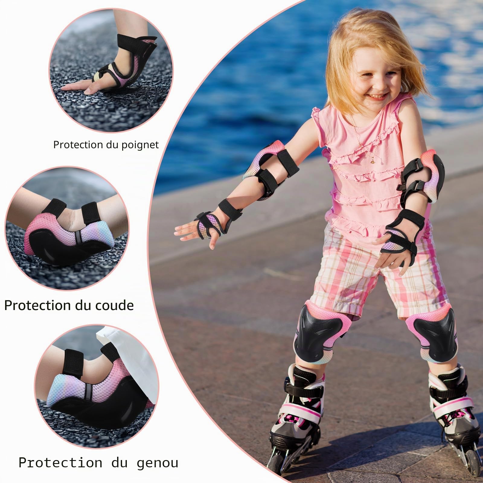 YOOXARMOR Protection Roller Enfant Fille,D'équipement de Protection 3-6-13 Enfants 6 en 1 Réglable Genouillères Coudières, Protège-Poignets pour BMX,Skateboard Scooter Inline Skate