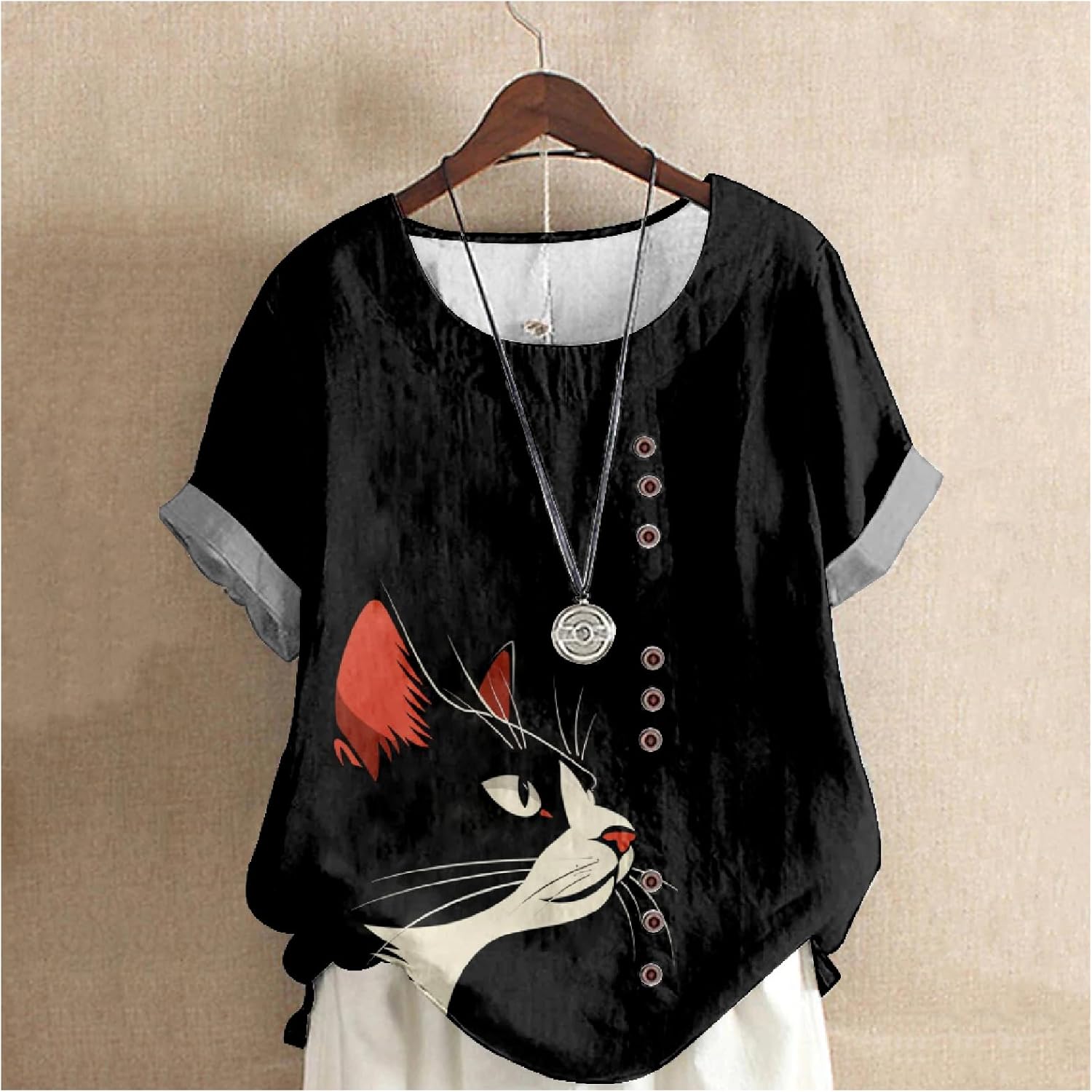 Shirts for Women Cute Cat Print Summer Casual Vacation Plus Size Fashion Funny Graphic Vintage Lounge Tunic Top - Image 2
