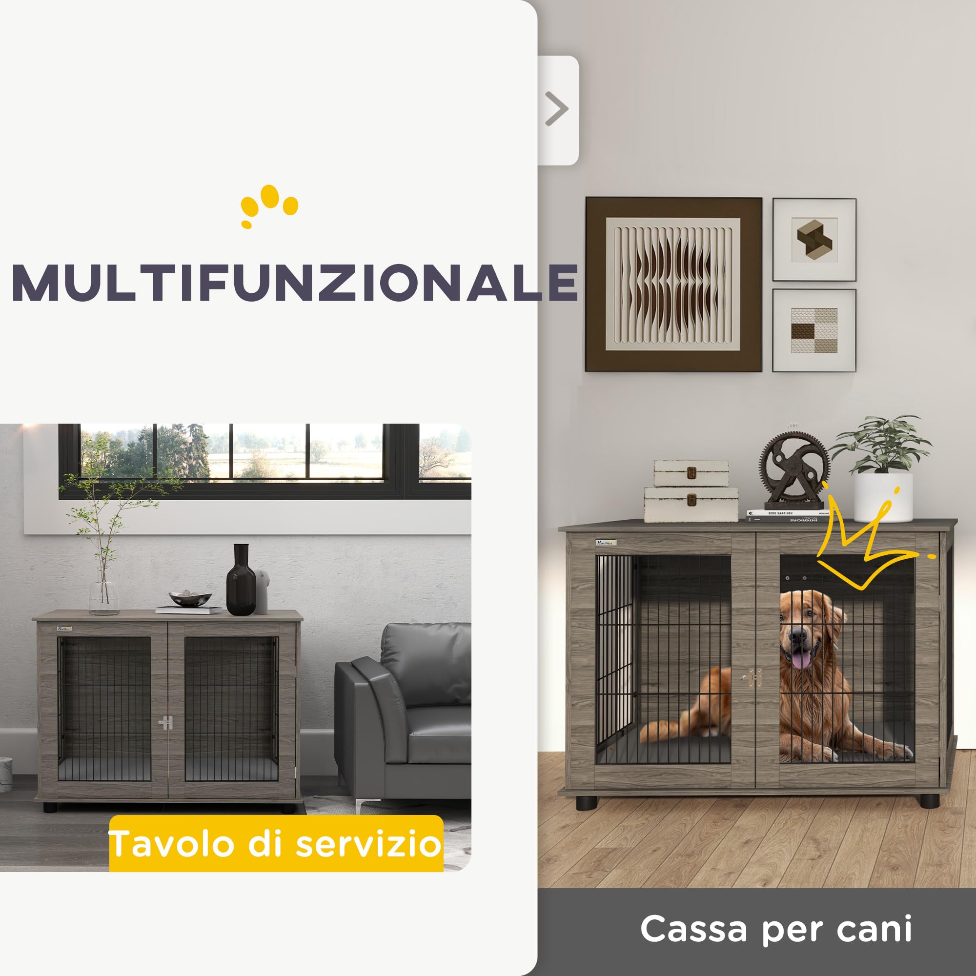 PawHut Gabbia per cani interni fino a 30 kg, 100 x 60 x 73,5 cm, grigio | Tavolino per cani, cuccia per cani, cuscino sfoderabile, porta bloccabile, facile da montare