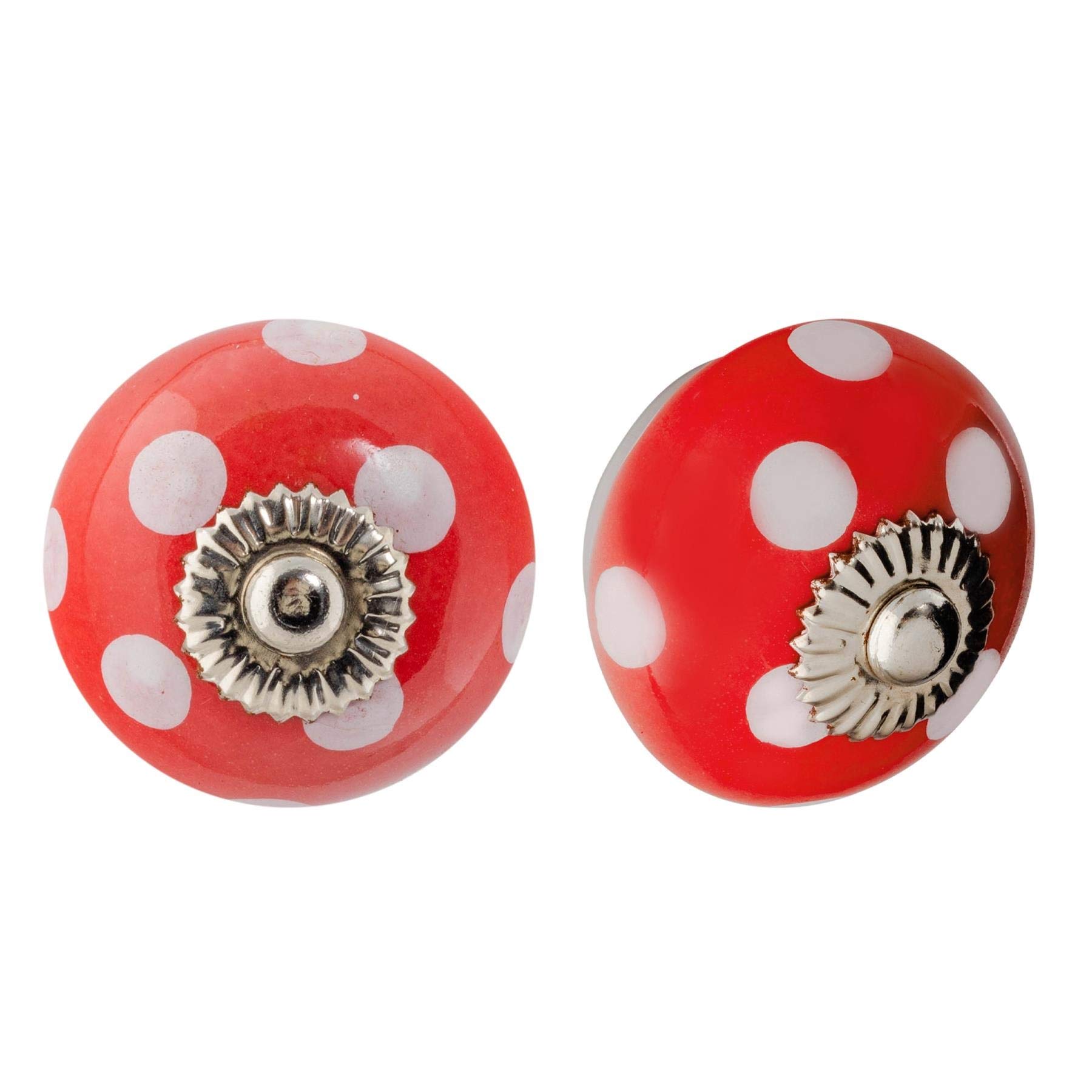Nicola Spring Ceramic Cupboard Drawer Handle Knobs - Polka Dot Design - Red/White - Pack of 24