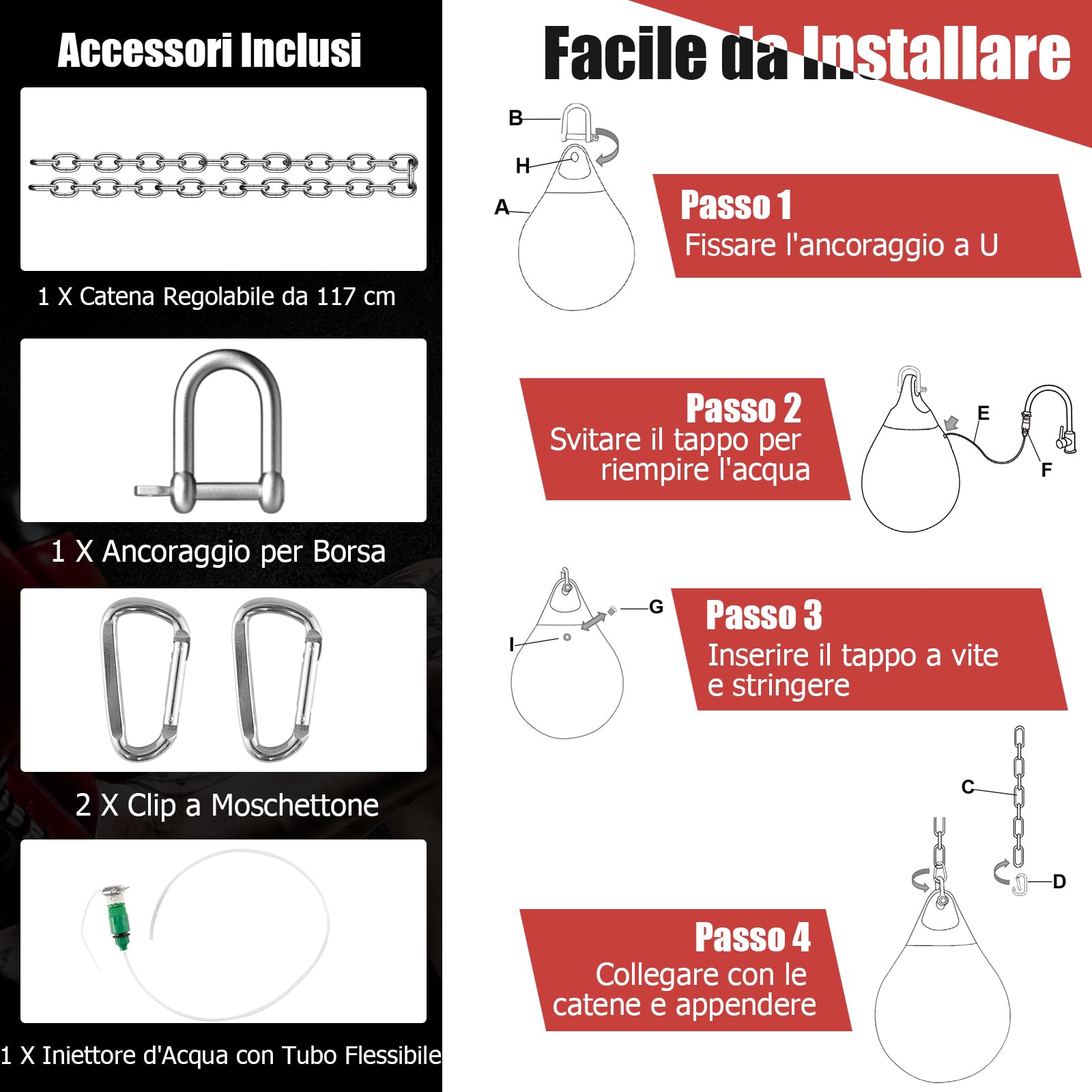GYMAX Sacco ad Acqua per Boxe da 50 kg, con Accessori per Appendere e Riempire, Sacco da Boxe per Palestra Casa Ufficio, per Bambini ed Adulti, φ45 cm