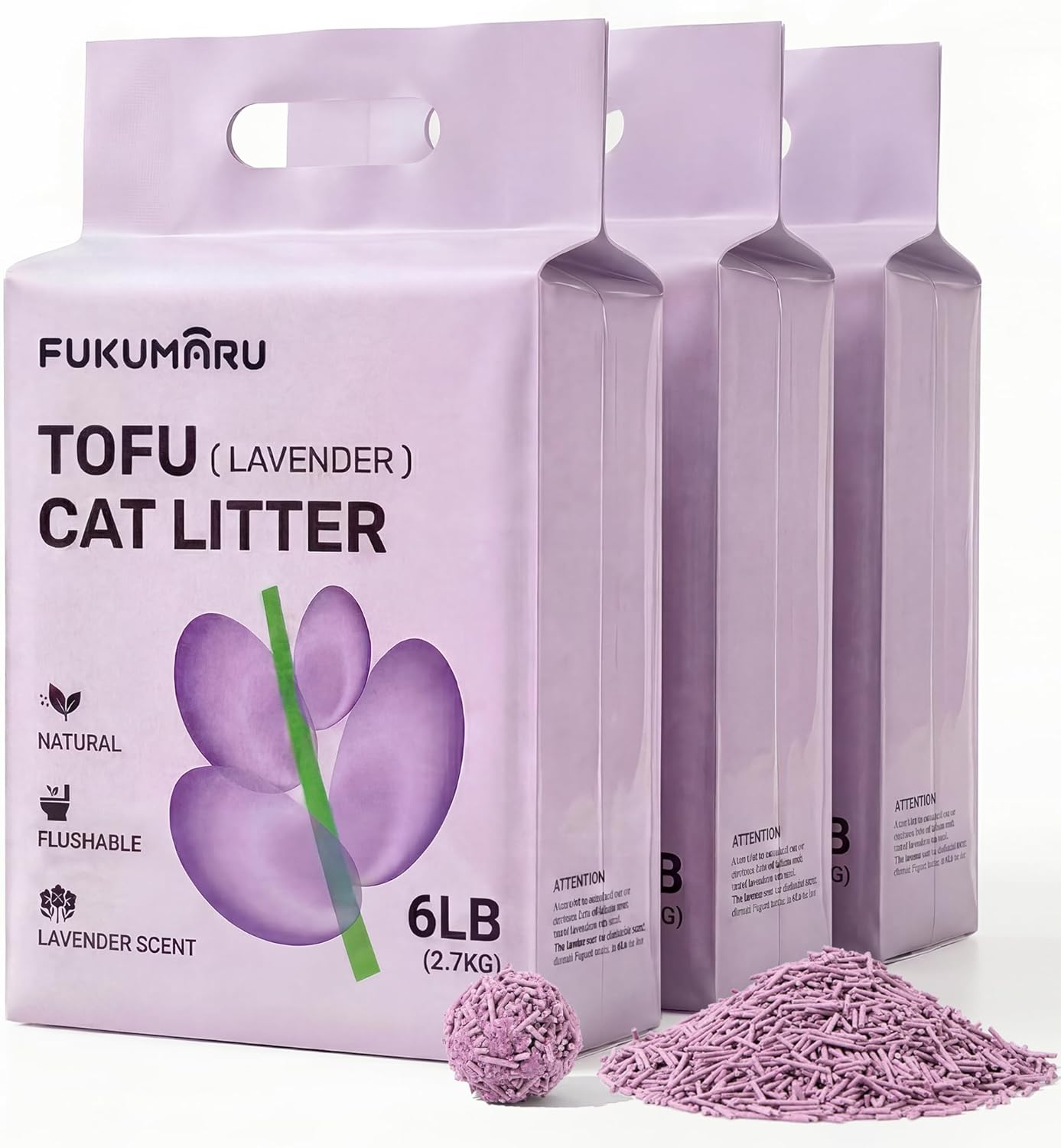 FUKUMARU Tofu Cat Litter, 18lb - Lavender Scent, Firm Clumping, Natural Odor Control, Low Dust, Flushable Plant-Based Pellets, 6lb x 3 Bags