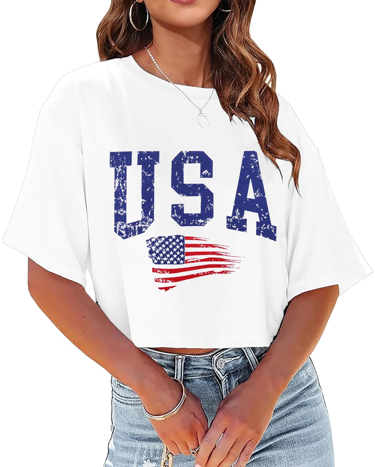 LAWOZZOS USA Shirts for Women American Flag Crop Shirt 4th of July Crop Top Patriotic T-Shirt Cropped Summer Tee Tops