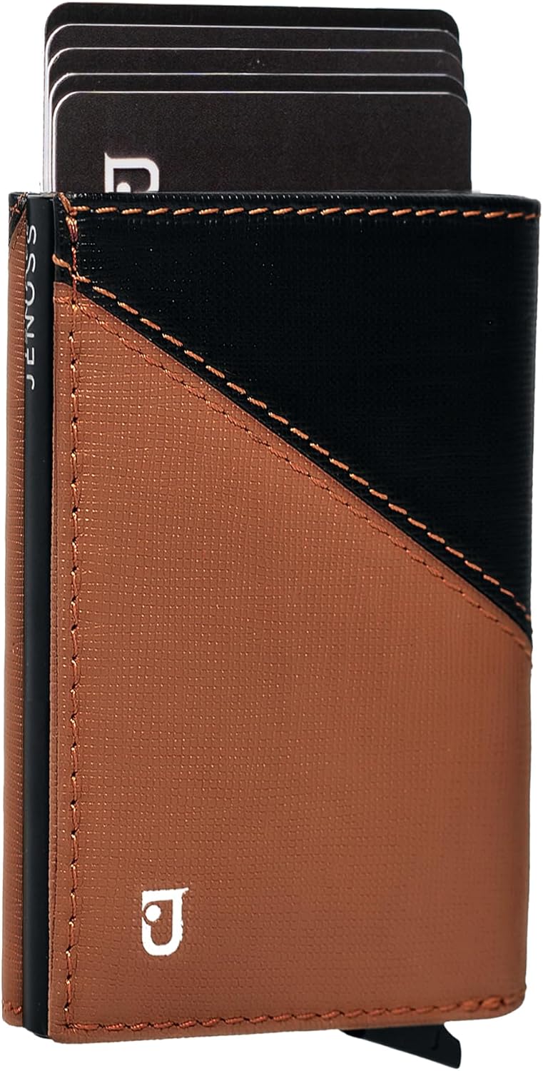 Jenoss Smart Slide Leather Wallet for Men &ndash; Full Grain Leather, RFID Blocking Pop-Up Card Holder, Slim Metal Case with 12 Card Slots, ID Window & Money Clip (Camel & Black)