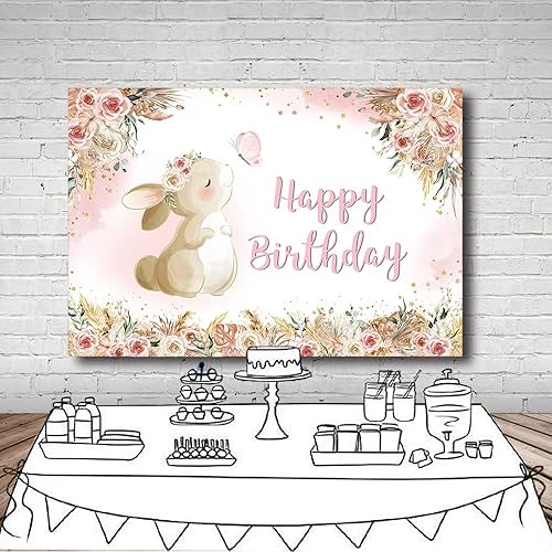 Miniatura 4 de MEHOFOND Fondo floral de cumpleaños para niñas acuarela bohemio flores conejo día de Pascua fondo de fotografía pancarta de feliz cumpleaños pampas