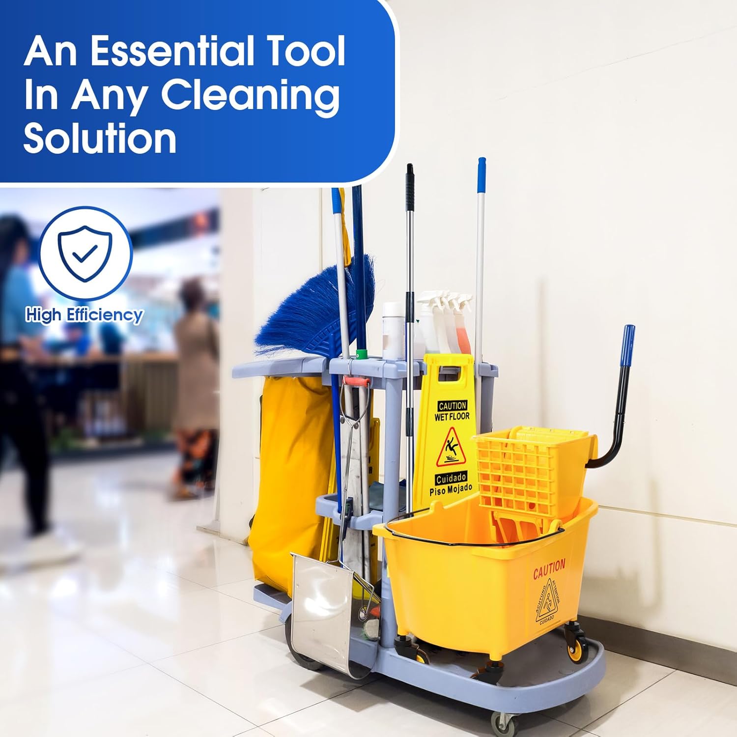 Maxdot 35 Quart Commercial Mop Bucket with Side Press Wringer on Wheels Yellow Industrial Mop and Bucket Set with Caution Sign for Floor Cleaning