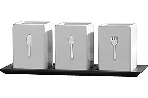 Towle Living Plasticware Organizer: Premium 3-Piece Ceramic Caddy with Wood Tray