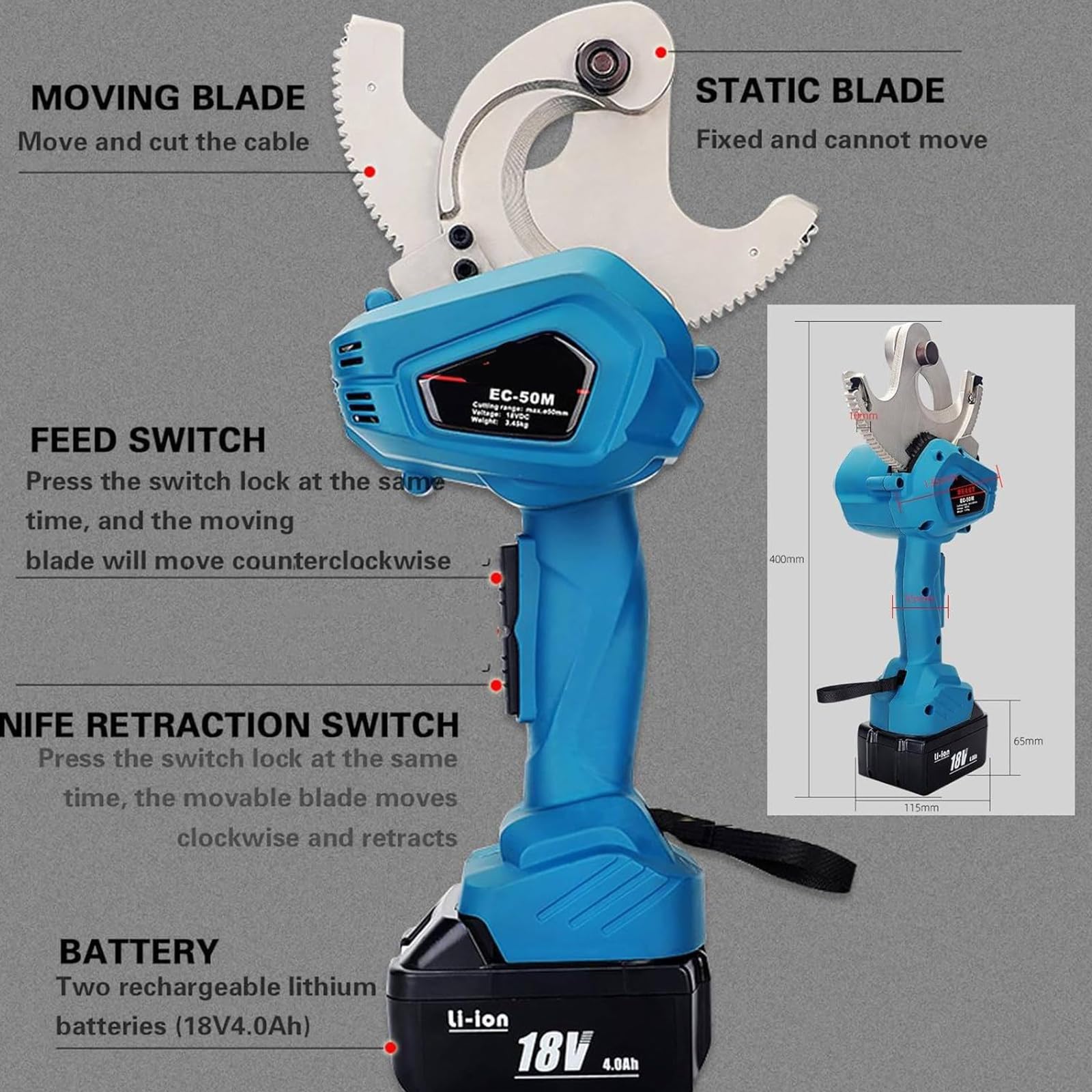Cortador de cable hidráulico inalámbrico, herramienta de trinquete eléctrica de 18 V para alambre blindado de aluminio de cobre de 50 mm, 65 mm, 75 mm, equipo de corte industrial