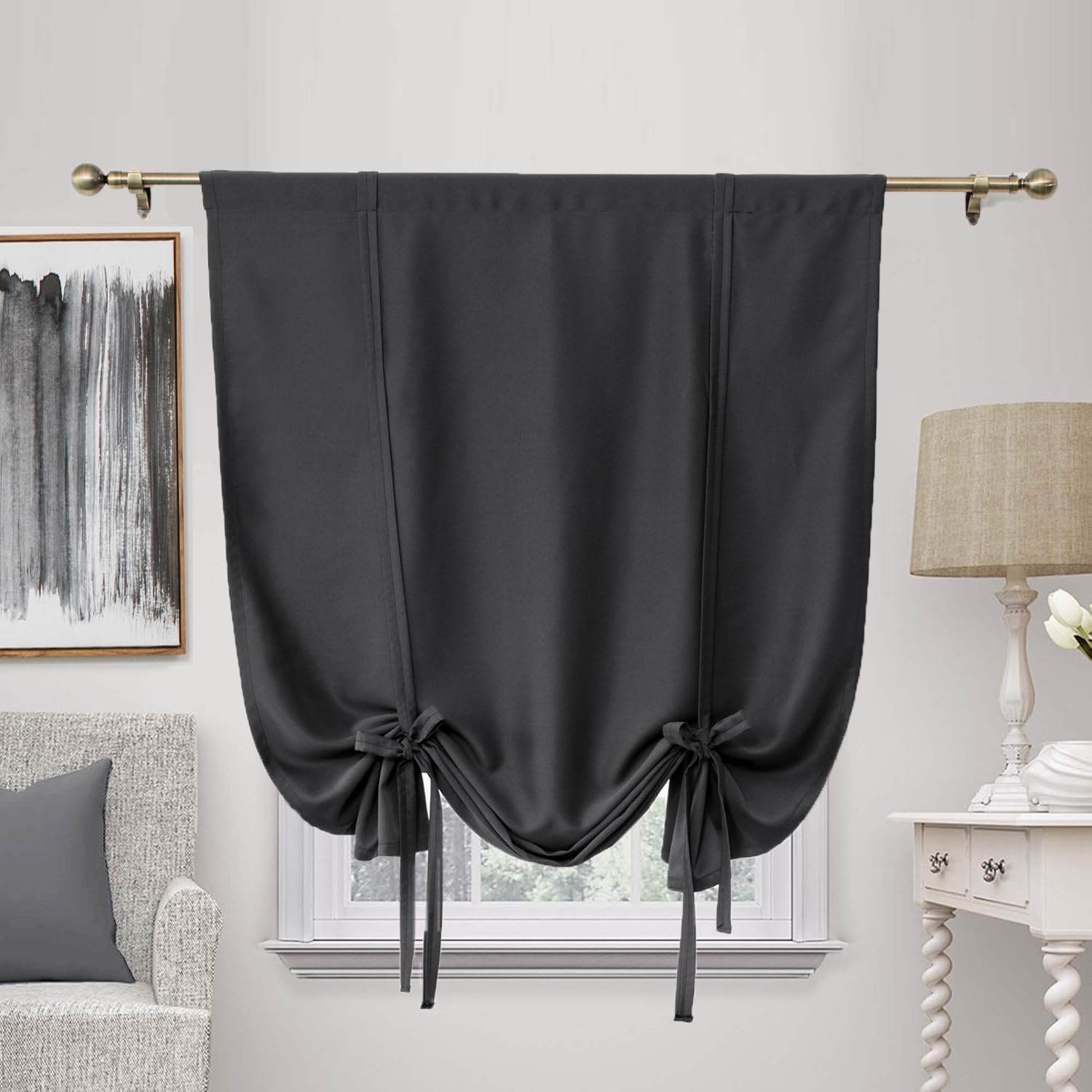 ZHhan Blackout Tie Up Curtain Thermal Insulated Tie Up Window Shade Bathroom Curtain Tie Up Shade for Small Window for Kitchen French Door Rod Pocket Panel, Black, W 42" x L 60", 1 Panels