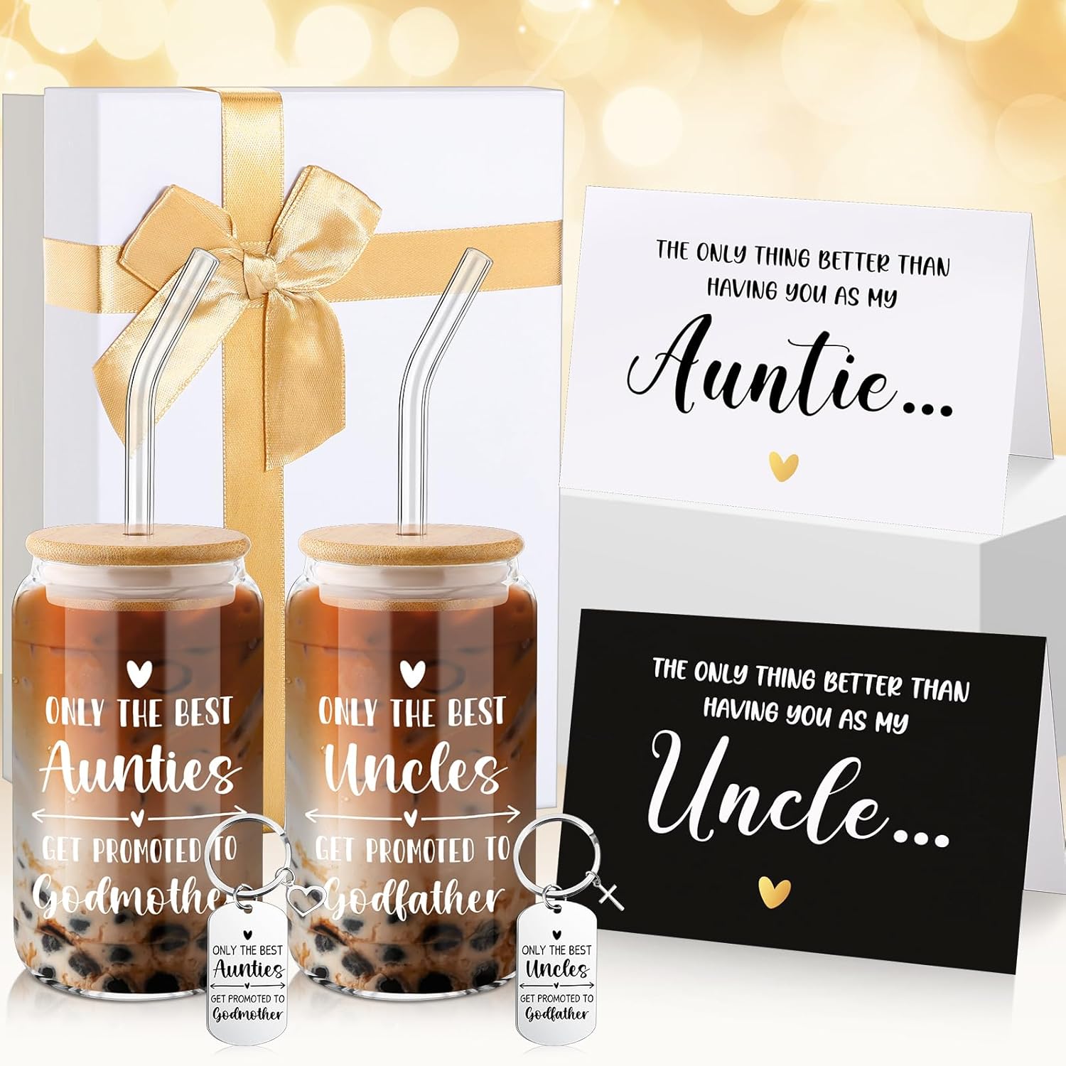 Qinyoung 7 Pcs Godparents Proposal Gift Will You Be My Godmother Godfather Padrino Madrina with Glass Cup Keychains Cards Box from Godchild for Baptism Birthday Gift(Auntie Coffee Cup)