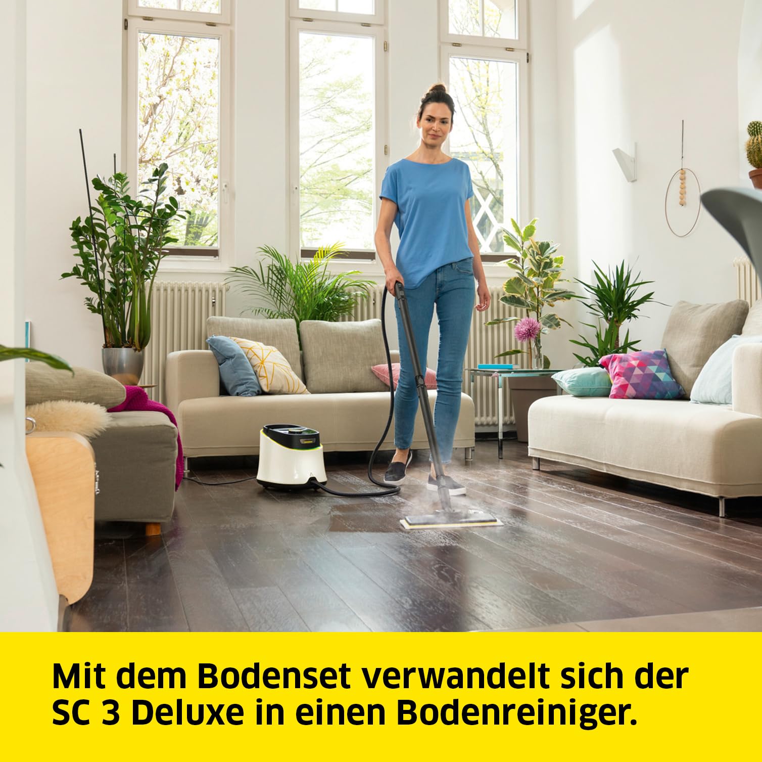 Kärcher Dampfreiniger SC 3 Deluxe, Dampfdruck: 3,5 bar, Aufheizzeit: 30 s, Leistung: 1.900 W, Flächenleistung: 75 m², Tank: 1 l, mit Bodenreinigungsset, Mikrofaser-Bezug, Düsen und Rundbürste, Weiß
