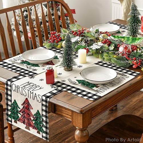 Miniatura 5 de Artoid Mode Juego de 4 manteles individuales de Navidad con diseño de búfalo negro y rojo con diseño de pinos de Navidad de 12 x 18 pulgadas para