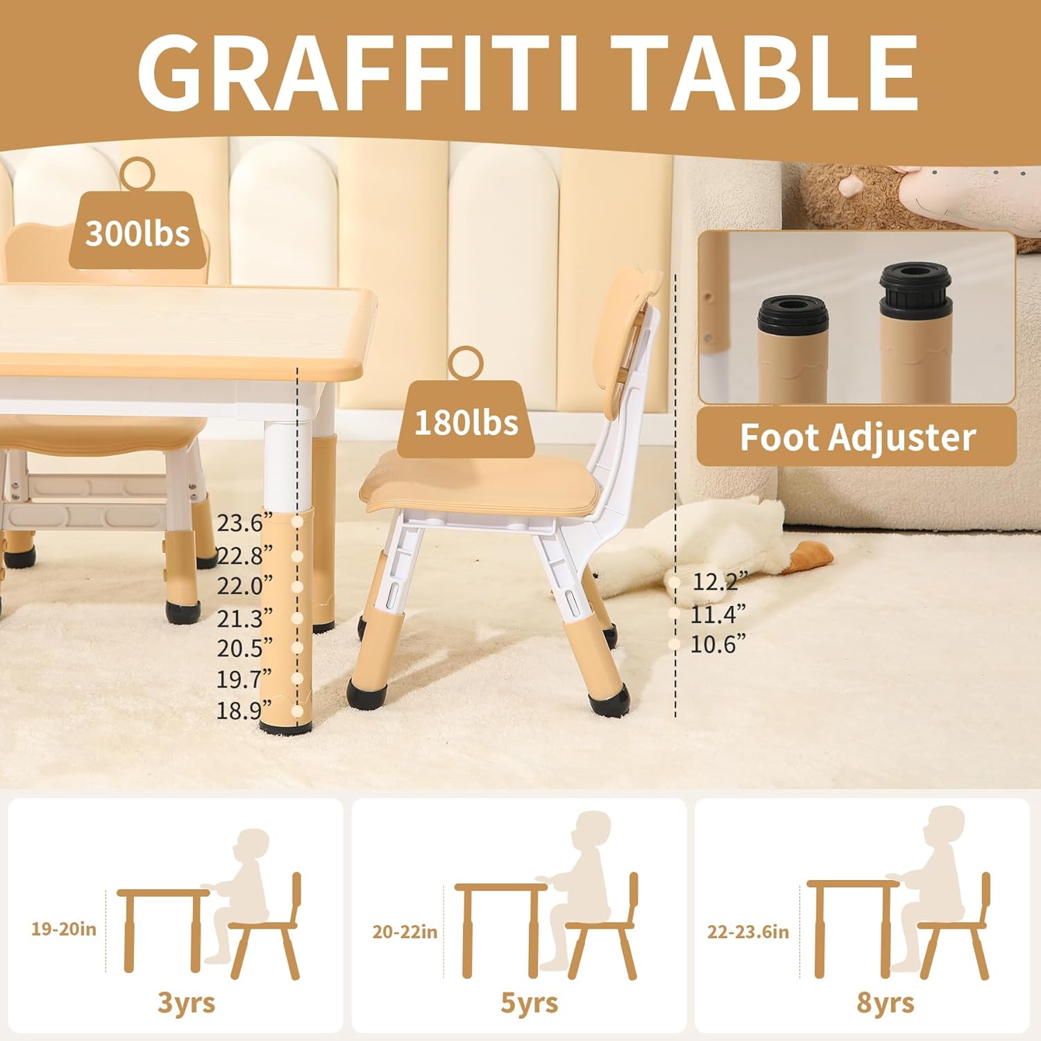 Hulaibit Toddler Table and 2 Chairs, Height-Adjustable Kids Table and Chairs Set, 31.5''L x 23.6''W Children Activity Table for Boys and Girls Aged 3-8