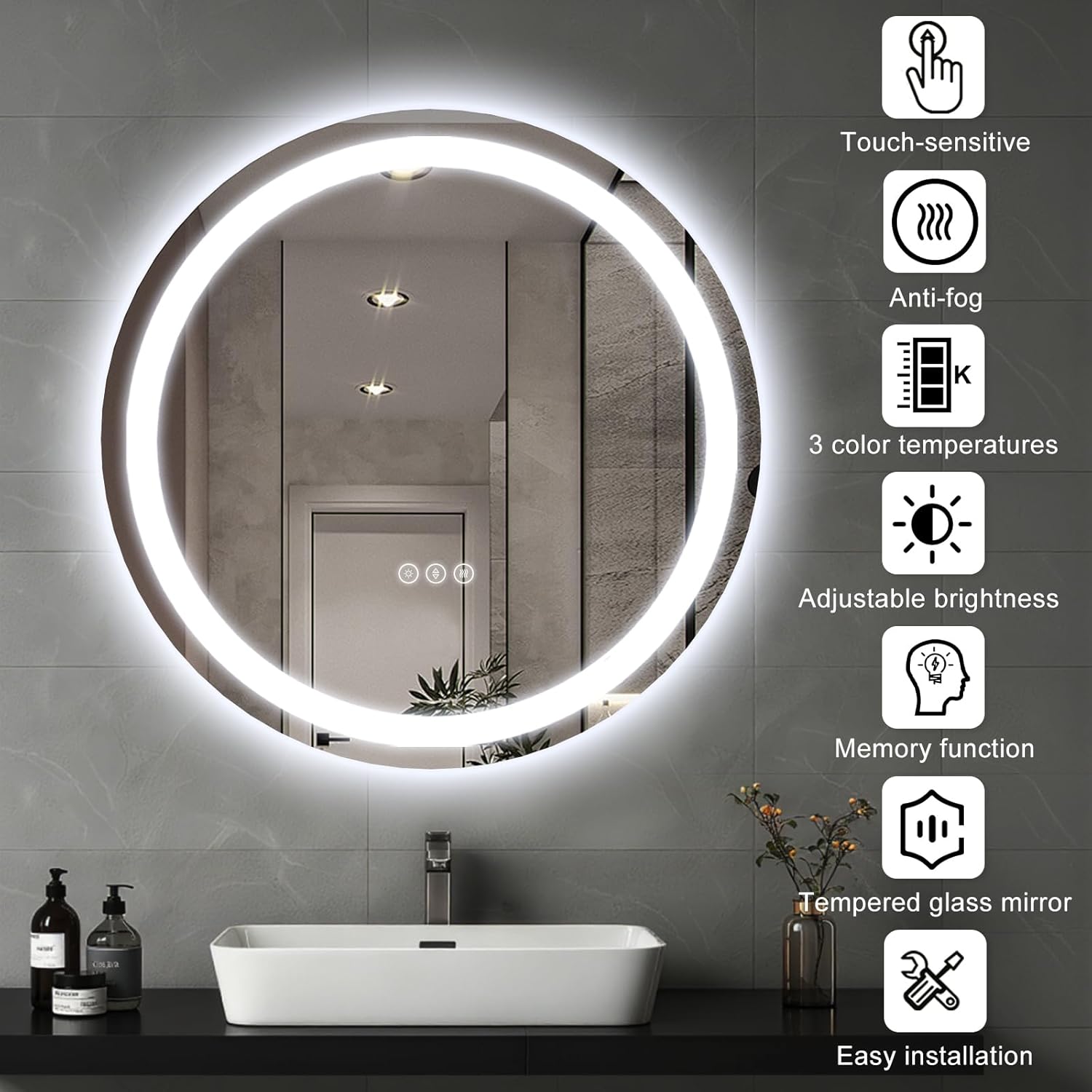 Smart Led Bathroom Mirror, Shower Fogless, Light Up Vanity Mirror for Makeup Shaving, 3 Color Temperatures, Brightness Adjustment, Memory Function, Tempered Glass