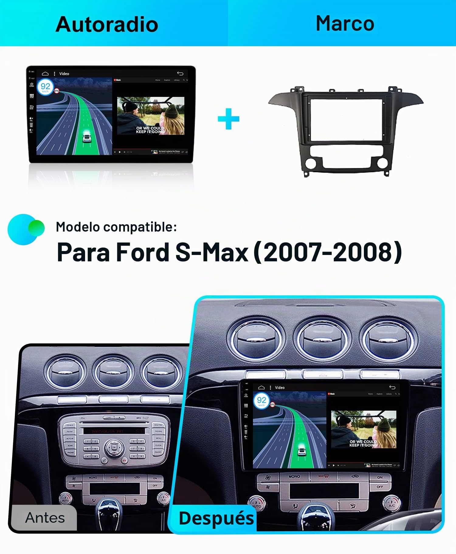 JOYX - [6G+128G] - Android 16 Autoradio para Ford S-MAX (2007-2015) - Built-in DSP/Carplay/Android Auto - Gratis LED Cámara Mic - 9 Pulgada 2 DIN - Apoyo Dab 4G WLAN BT Volante 360-Cámara Fast-Boot