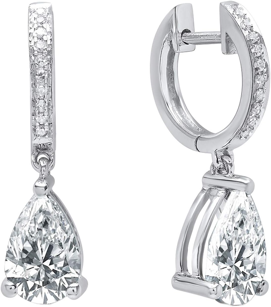 Dazzlingrock Collection 9X6mm Each Pear Lab Created Gemstone & Round Natural Diamond Women Teardrop Dangling Drop Earrings, 14K White Real Solid Gold
