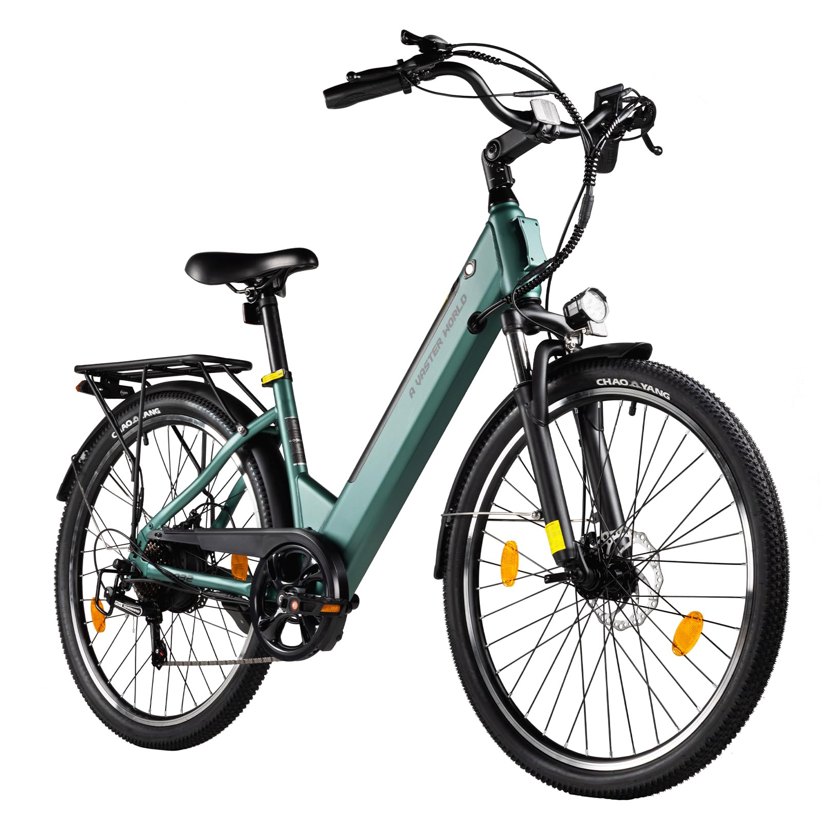VDL Vélo électrique 26" vert pour homme et femme, batterie 48 V 10,4 Ah, 7 vitesses, freins à disque, lumière LED, fourche suspendue, vélo électrique de ville 25 km/h pour les déplacements