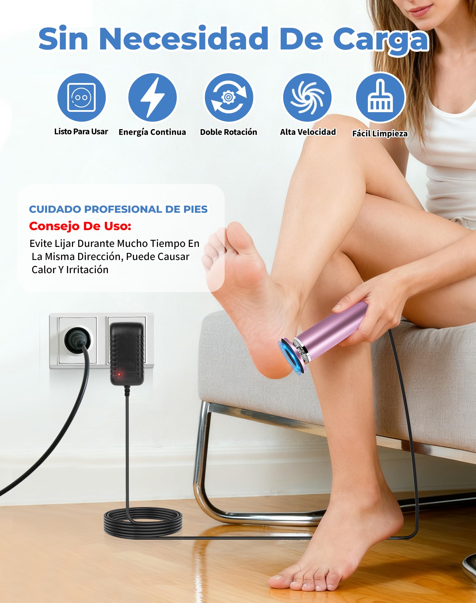 Lima Eléctrica para Pies con 60 Discos de Lija, Quita Durezas y Elimina Callos, Pedicura Profesional para Pies Suaves y Talones Agrietados, Máquina para el Cuidado de Pies en Casa (Rosa)