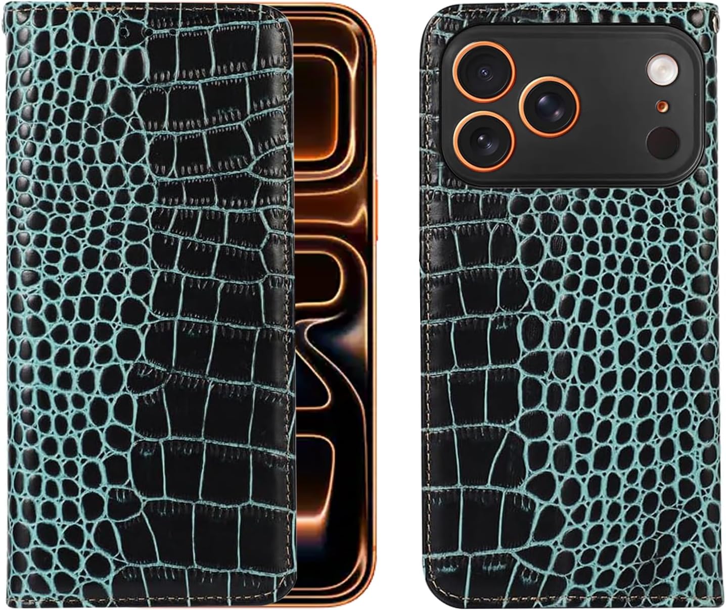 for iPhone 17 Pro Max Real Genuine Leather Crocodile Pattern Flip Case Protective Cover with Card Slots TPU Shockproof Interior Case Classic Business with Full Body Screen Camera (Brown)