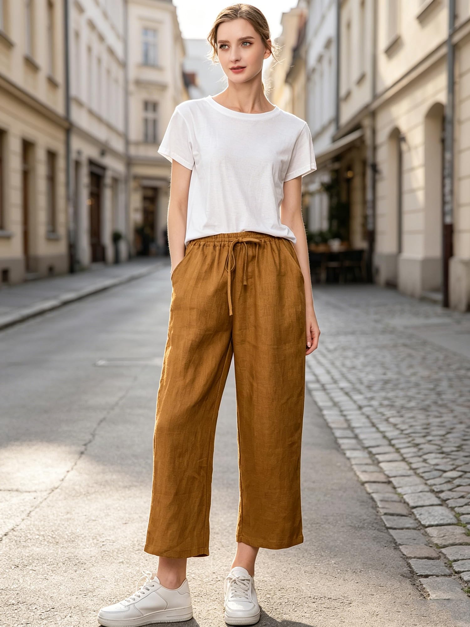FTCayanz Donna Pantaloni Larghi Lino Vita Alta Pantaloni Gamba Larga Estivi con Coulisse