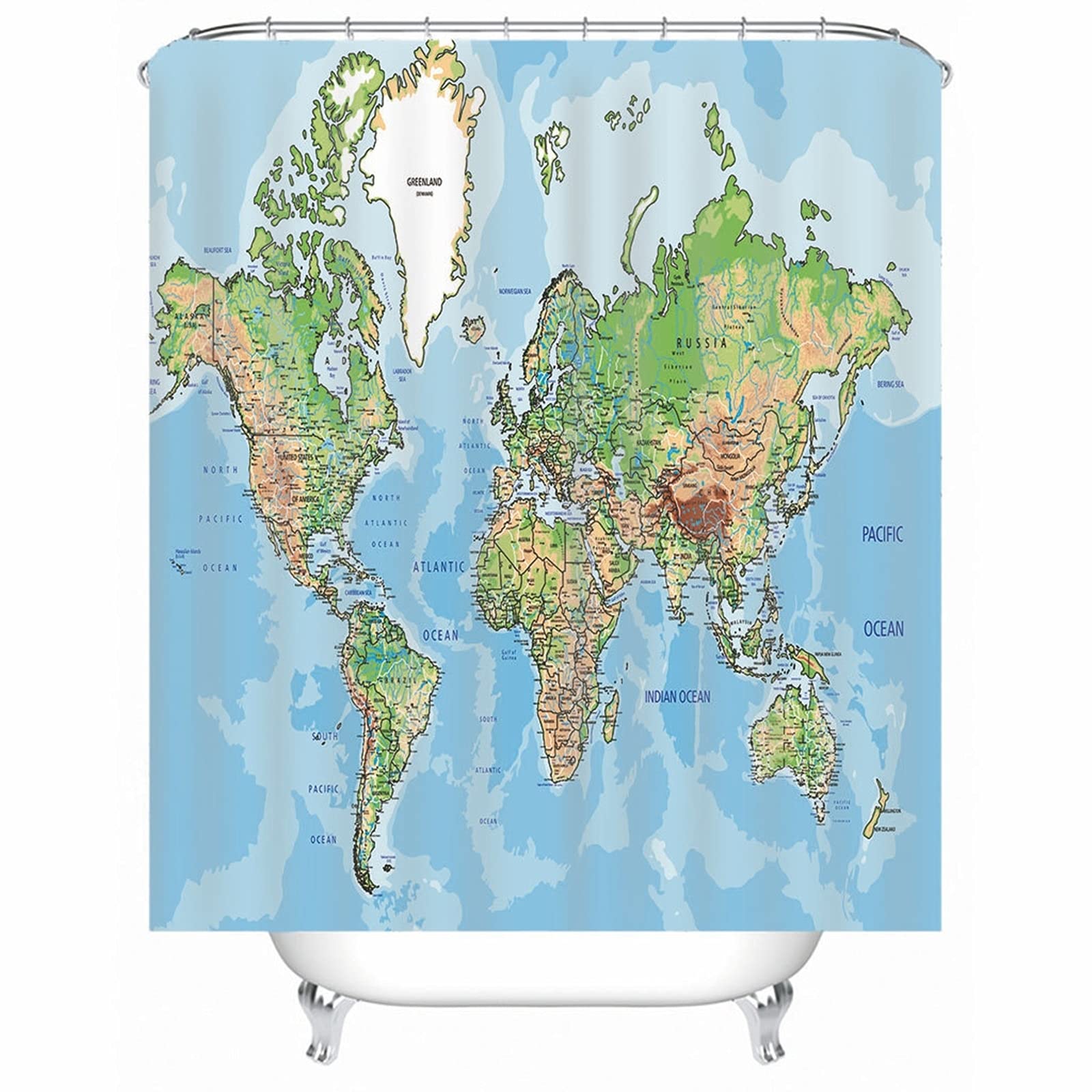 Tenda Doccia Blu Impermeabile & Lavabile Tenda Doccia Tessuto Poliestere con Ganci Tenda Doccia Mappa del Mondo, 150x200cm