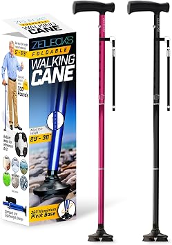 Walking Cane for Women & Men - Self Standing Adjustable Folding Cane with T Handle and 360 Pivot Base - Lightweight Foldable Walking Stick for Seniors - Collapsible Cane for Walking