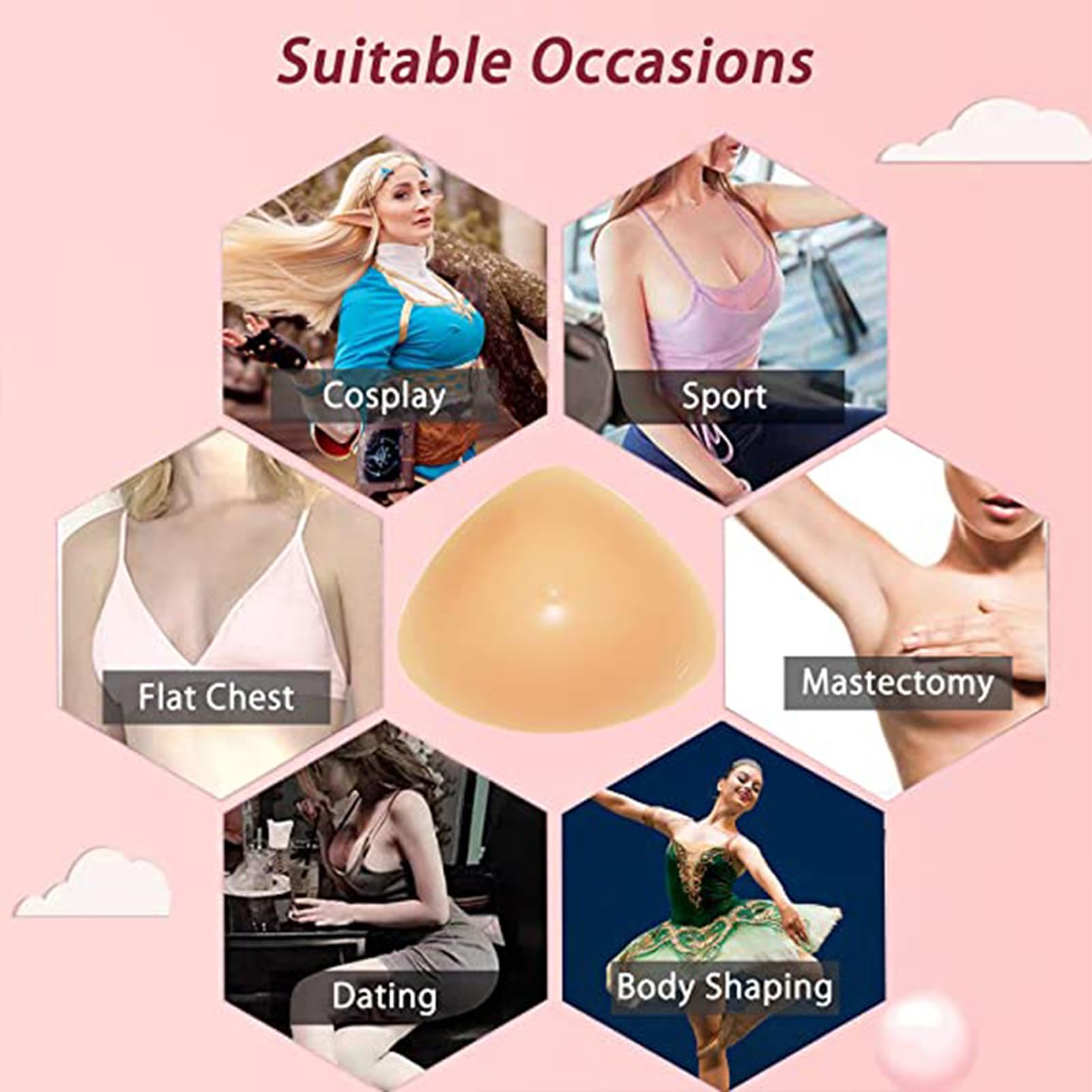 Protesi mammarie triangolari in silicone, morbide, realistiche, autoadesive, post mastectomia, crossdresser, cosplay, cuscinetti concavi per reggiseno (200 g/pezzo, color carne)