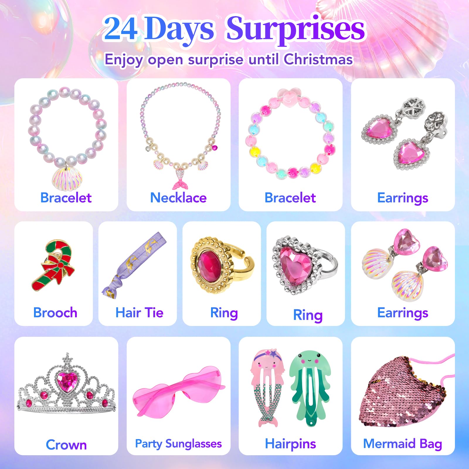 Advent Calendar 2025 Girls Mermaid Toy Set Surprise Box for Girls Mermaid Princess Jewellery Accessories Christmas Countdown Gifts Stocking Stuffers for Kids - Image 3