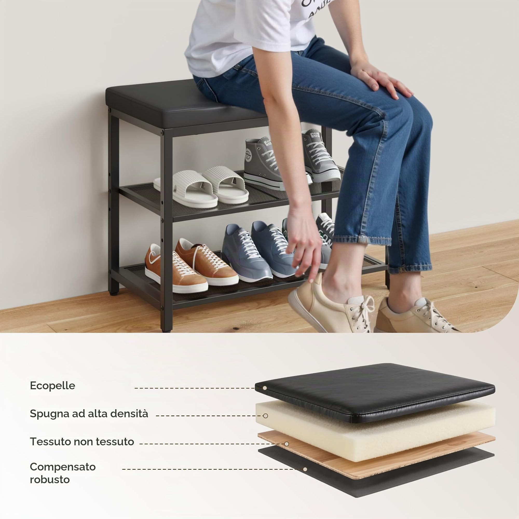 Mondeer Scarpiera a 3 ripiani con seduta a cuscino, organizer per scarpe con ripiano regolabile in altezza stile industriale, per ingresso, corridoio, soggiorno, camera da letto, 60 x 30 x 50 cm, nero